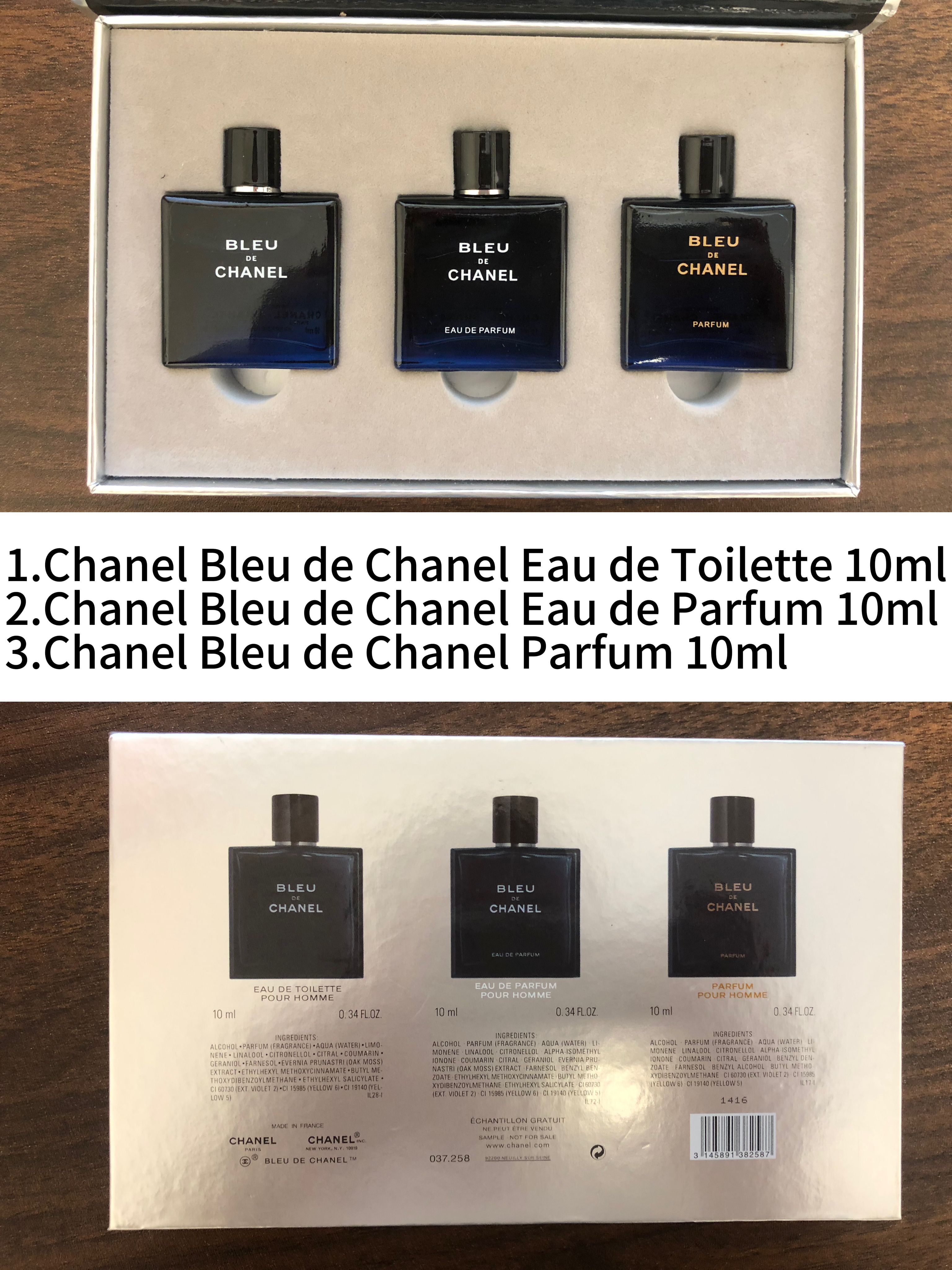Gift-set contents photo — US-242 — Catalogue name: Bleu de Chanel 3-piece mini set — Capacity shown: 10ml × 3