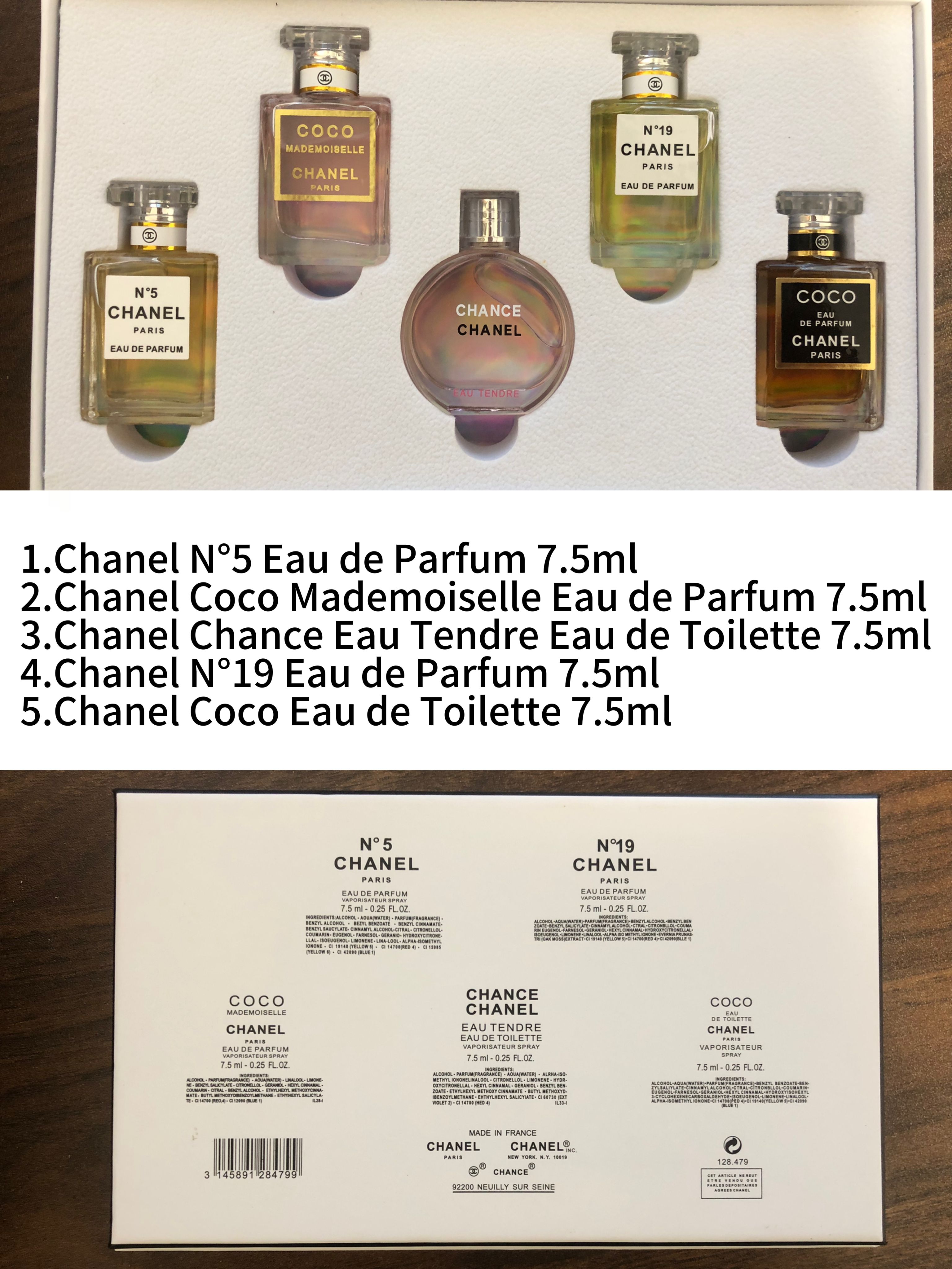 Gift-set contents photo — US-243 — Catalogue name: Chanel 5-Piece Mini Perfume Gift Set — Capacity shown: 5ml × 5