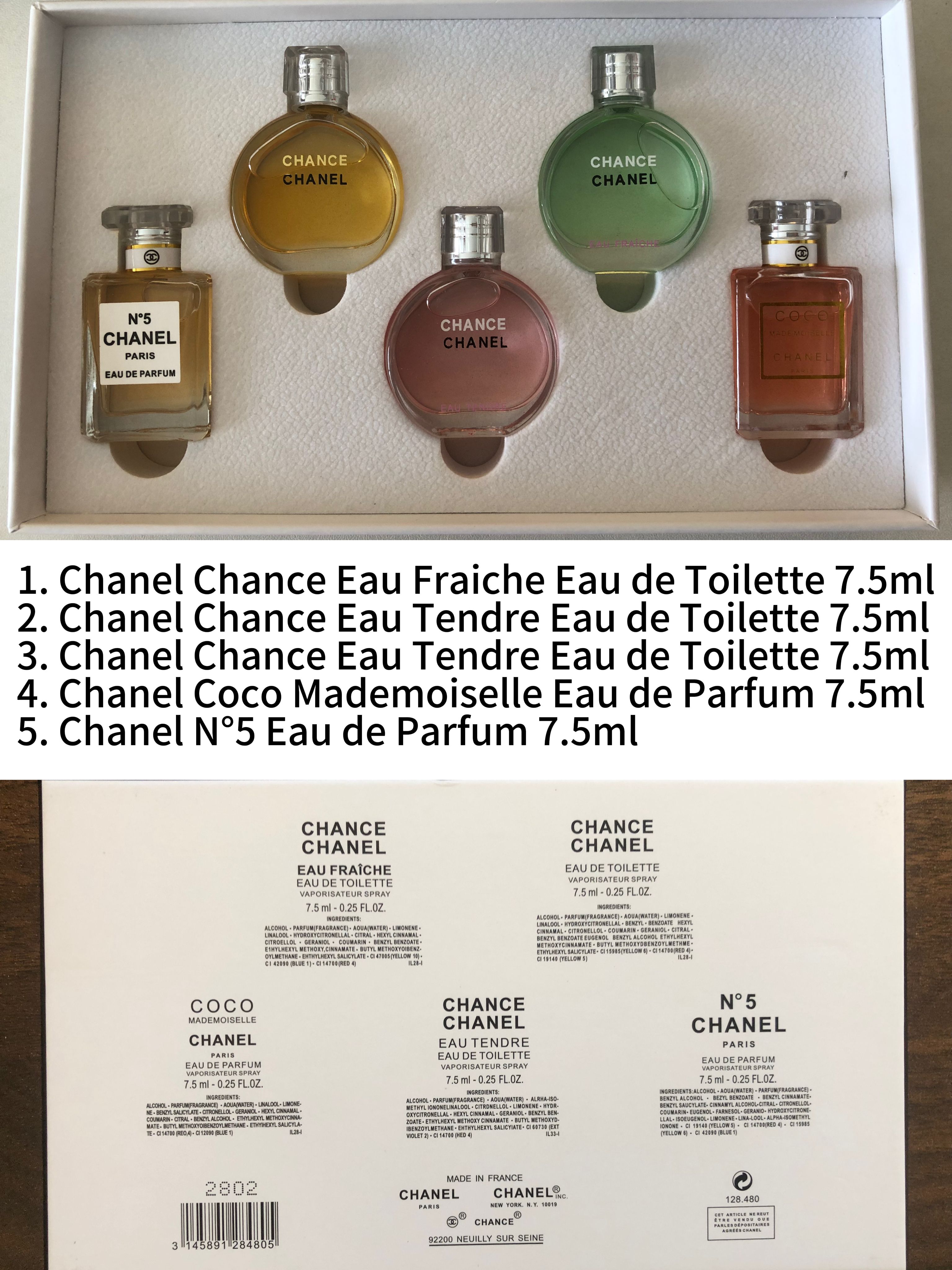 Gift-set contents photo — US-246 — Catalogue name: Chanel 5-Piece Mini Perfume Gift Set — Capacity shown: 5ml × 5
