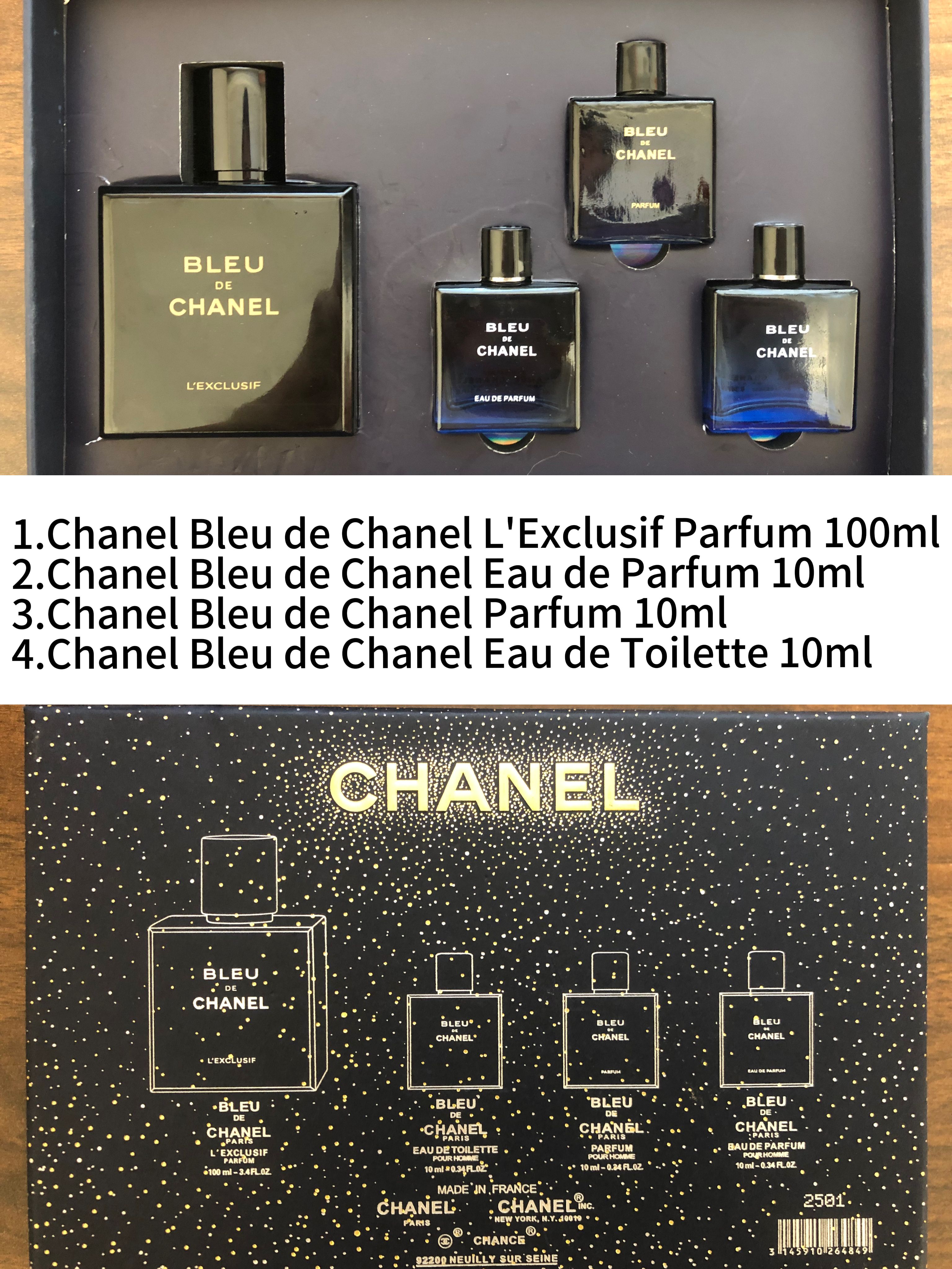 Gift-set contents photo — US-249 — Catalogue name: Bleu de Chanel 4-Piece Mini Gift Set — Capacity shown: 100ml + 10ml × 3