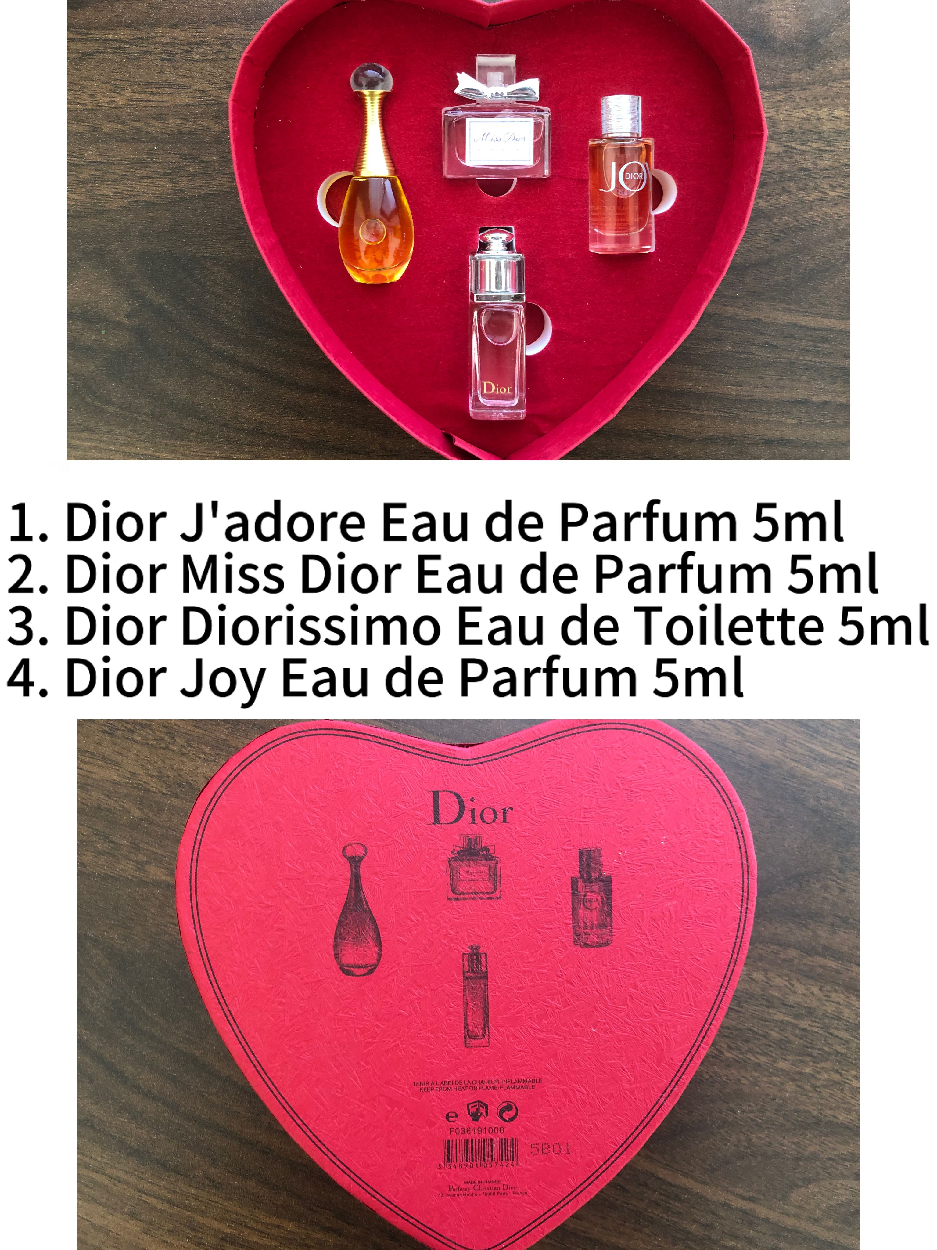 Gift-set contents photo — US-250 — Catalogue name: Dior 4-Piece Heart-Shaped Mini Perfume Gift Set — Capacity shown: 5ml × 4