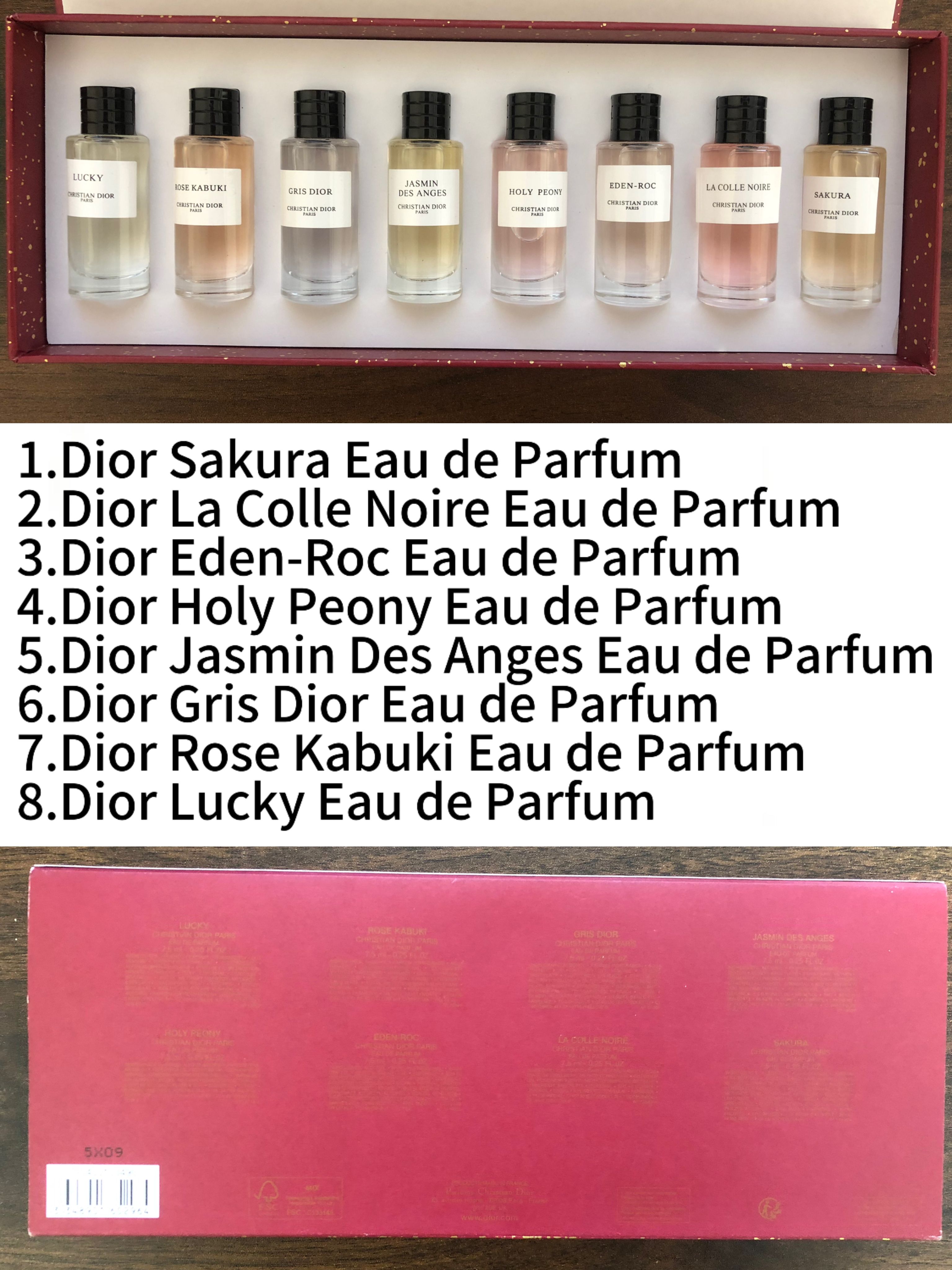 Gift-set contents photo — US-251 — Catalogue name: Christian Dior La Collection Privée 8-Piece Mini Perfume Gift Set — Capacity shown: 10ml × 8