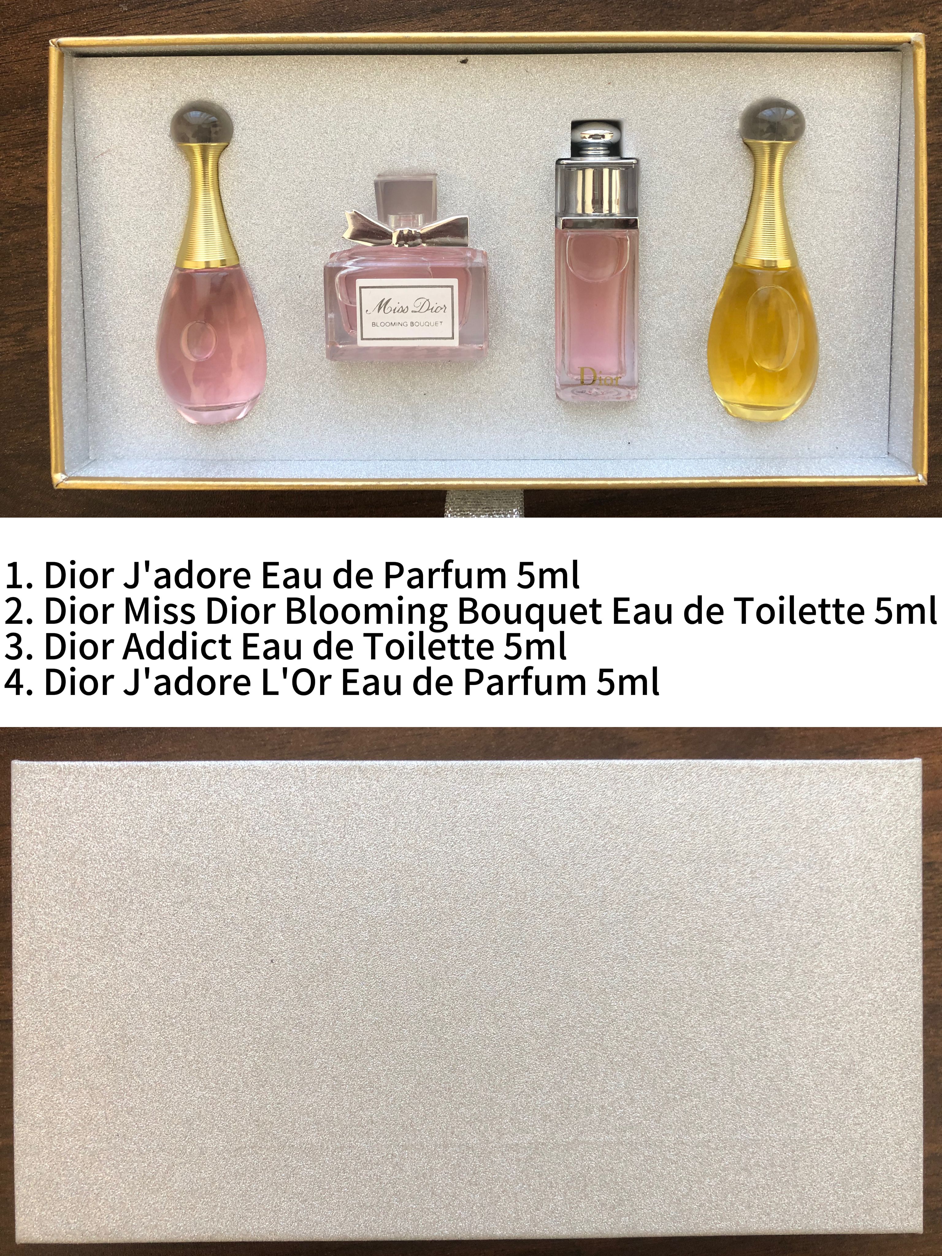 Gift-set contents photo — US-253 — Catalogue name: Dior 4-Piece Mini Perfume Silver Glitter Gift Set — Capacity shown: 5ml × 4