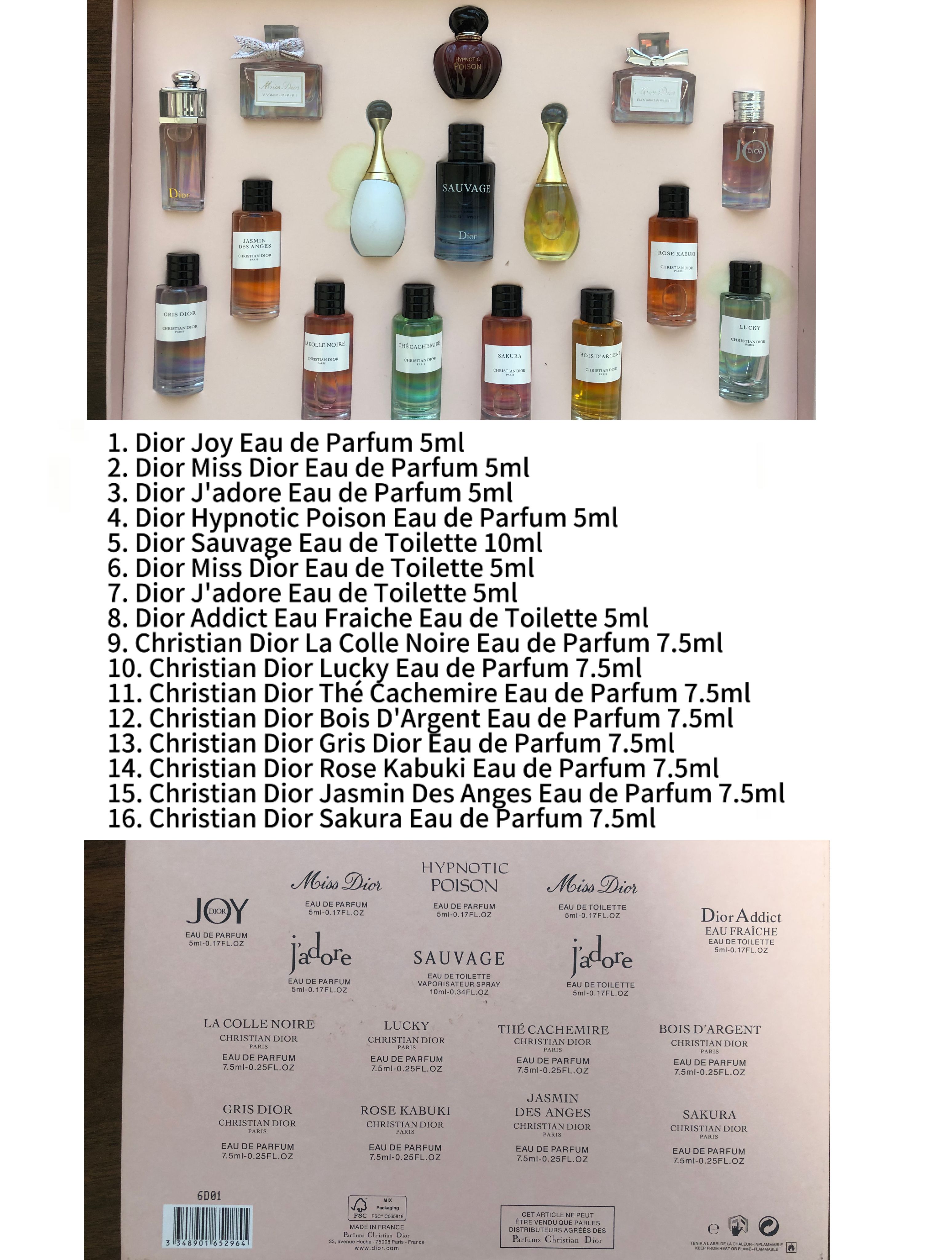 Gift-set contents photo — US-255 — Catalogue name: Christian Dior 16-Piece Mini Perfume Gift Set — Capacity shown: 5ml × 16