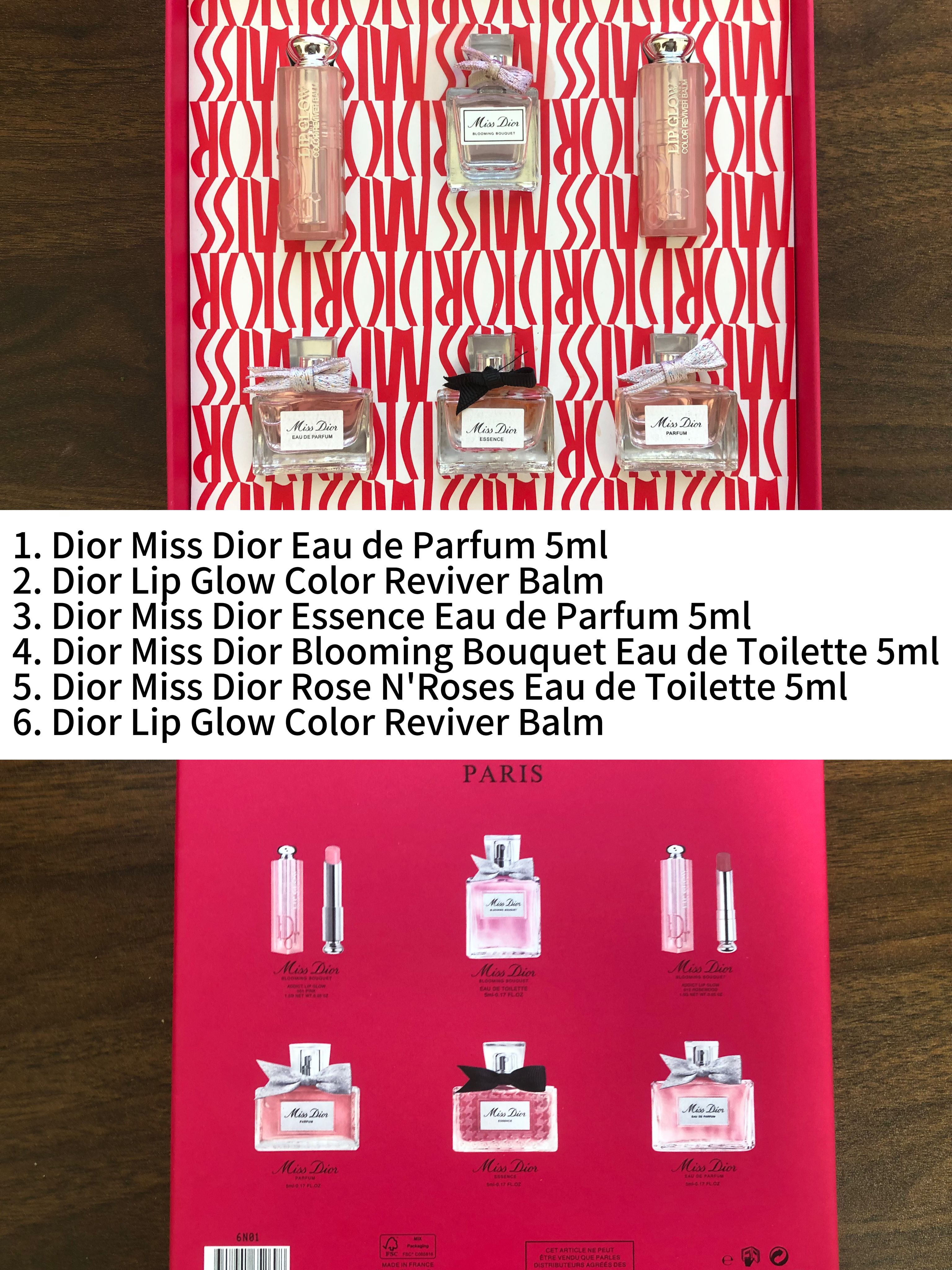 Gift-set contents photo — US-256 — Catalogue name: Dior Miss Dior 6-Piece Mini Perfume Butterfly Heart Gift Set — Capacity shown: Perfume: 5ml × 4 = 20ml; lip oil: 7ml × 2 = 14ml