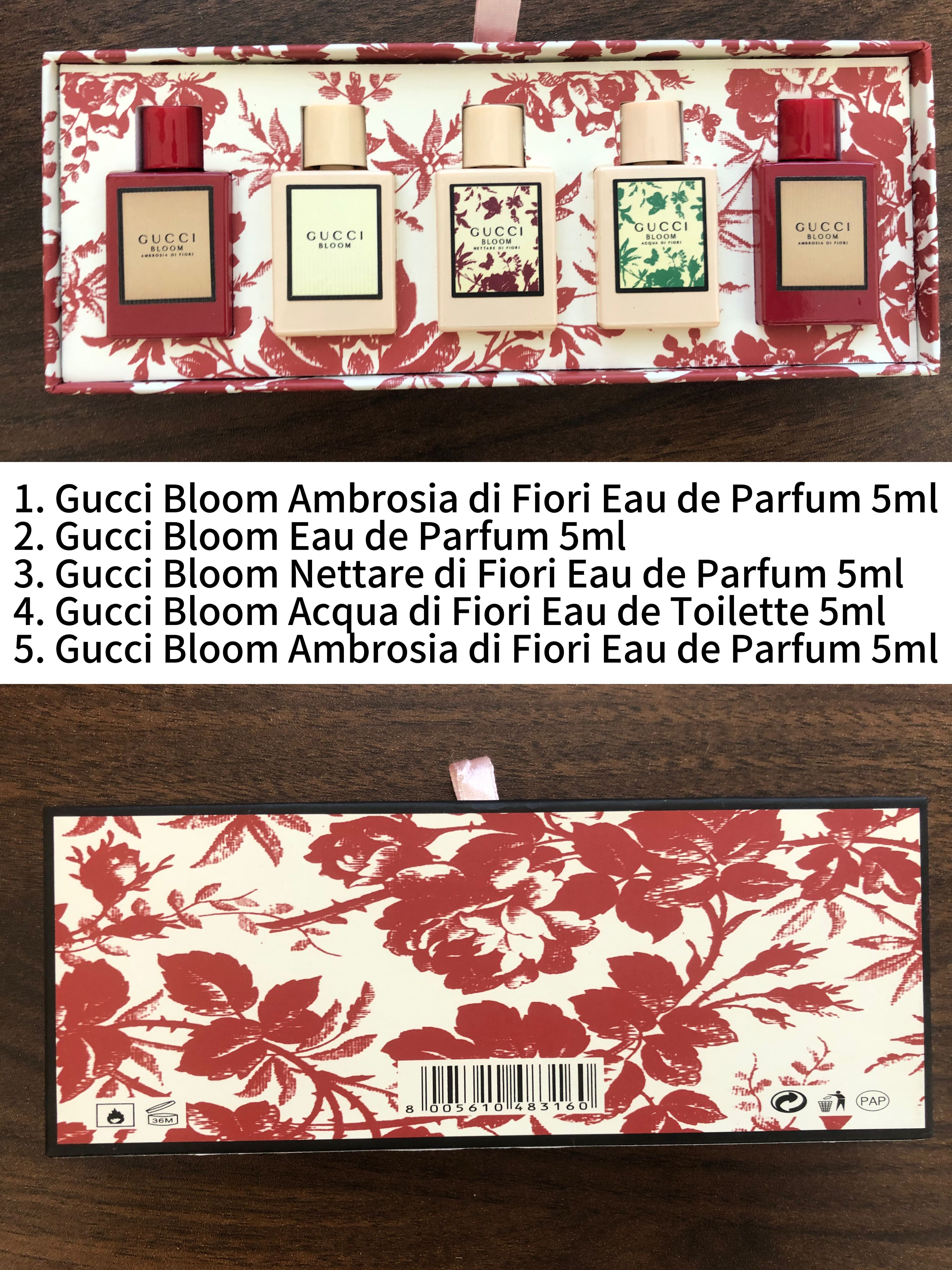 Gift-set contents photo — US-257 — Catalogue name: Gucci Bloom 5-Piece Mini Perfume Gift Set — Capacity shown: 5ml × 5