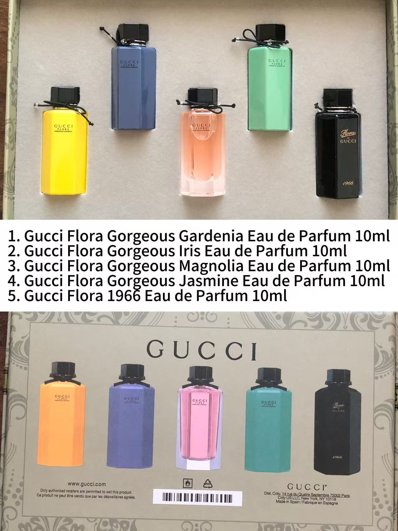 Gift-set contents photo — US-258 — Catalogue name: Gucci Flora 5-Piece Mini Perfume Gift Set — Capacity shown: 5ml × 5