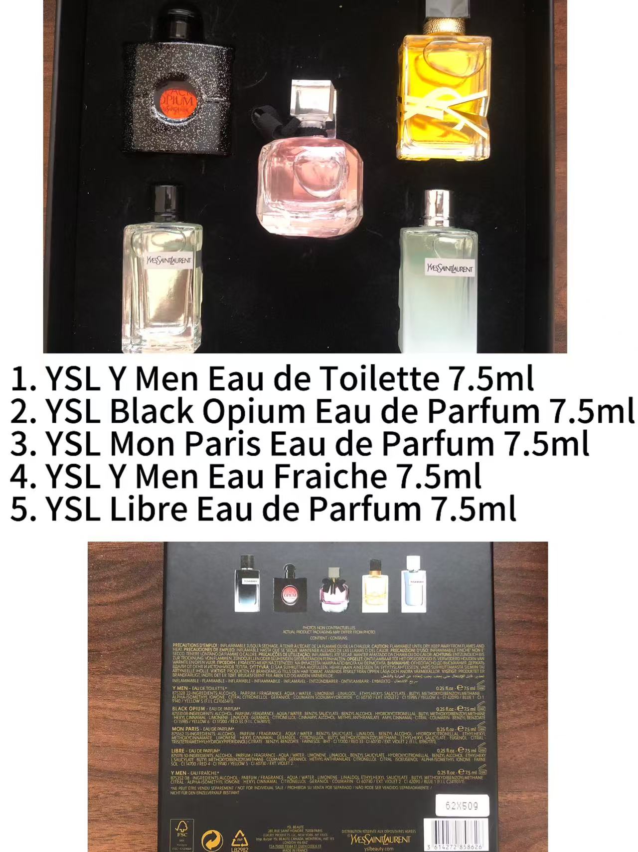 Gift-set contents photo — US-262 — Catalogue name: YSL 5-Piece Mini Perfume Gift Set — Capacity shown: 7ml × 5