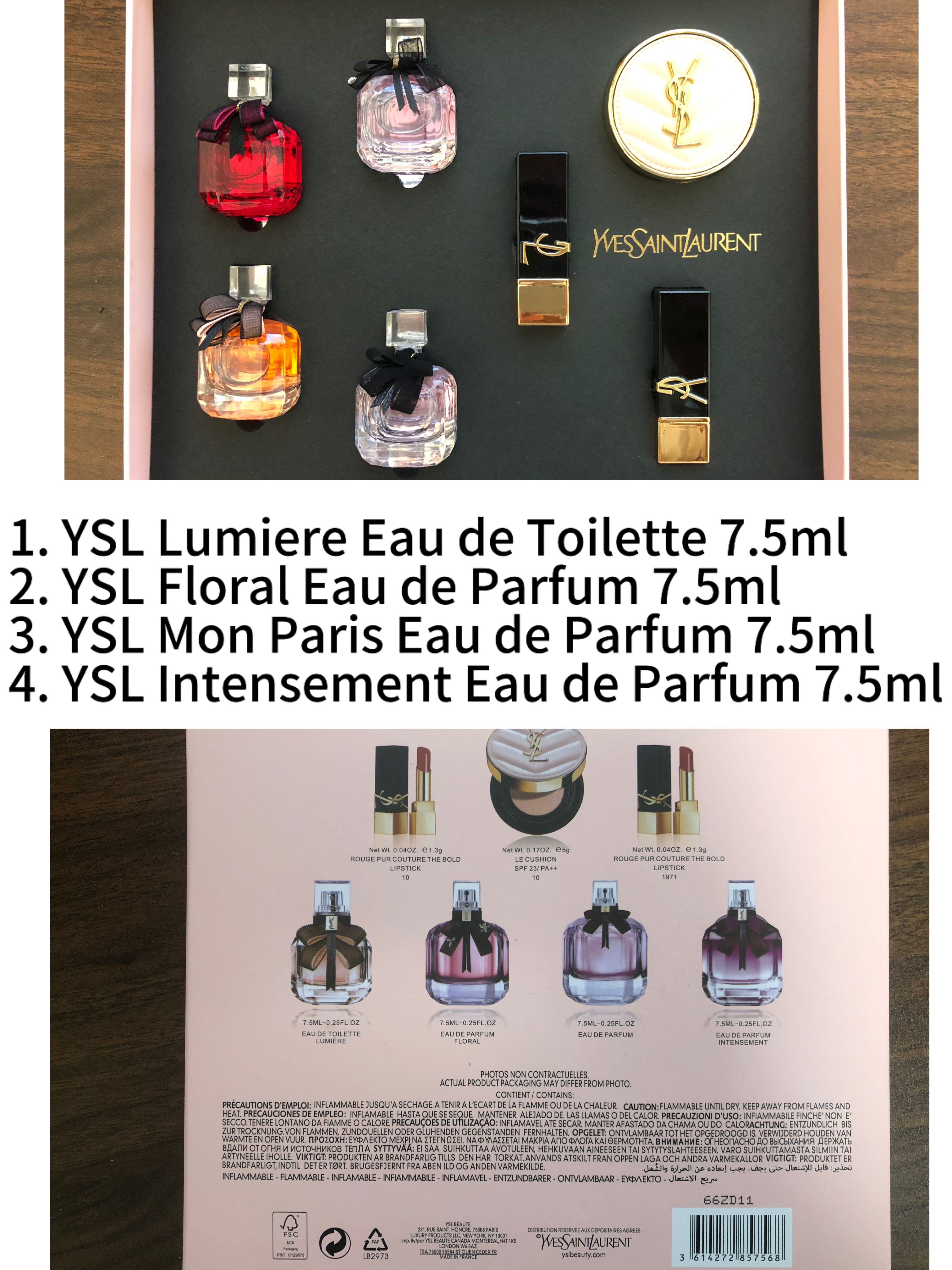 Gift-set contents photo — US-264 — Catalogue name: Yves Saint Laurent Mon Paris 7-Piece Mini Gift Set — Capacity shown: As pictured: perfumes 7.5ml × 4; lipsticks 1.3g × 2; cushion 5g