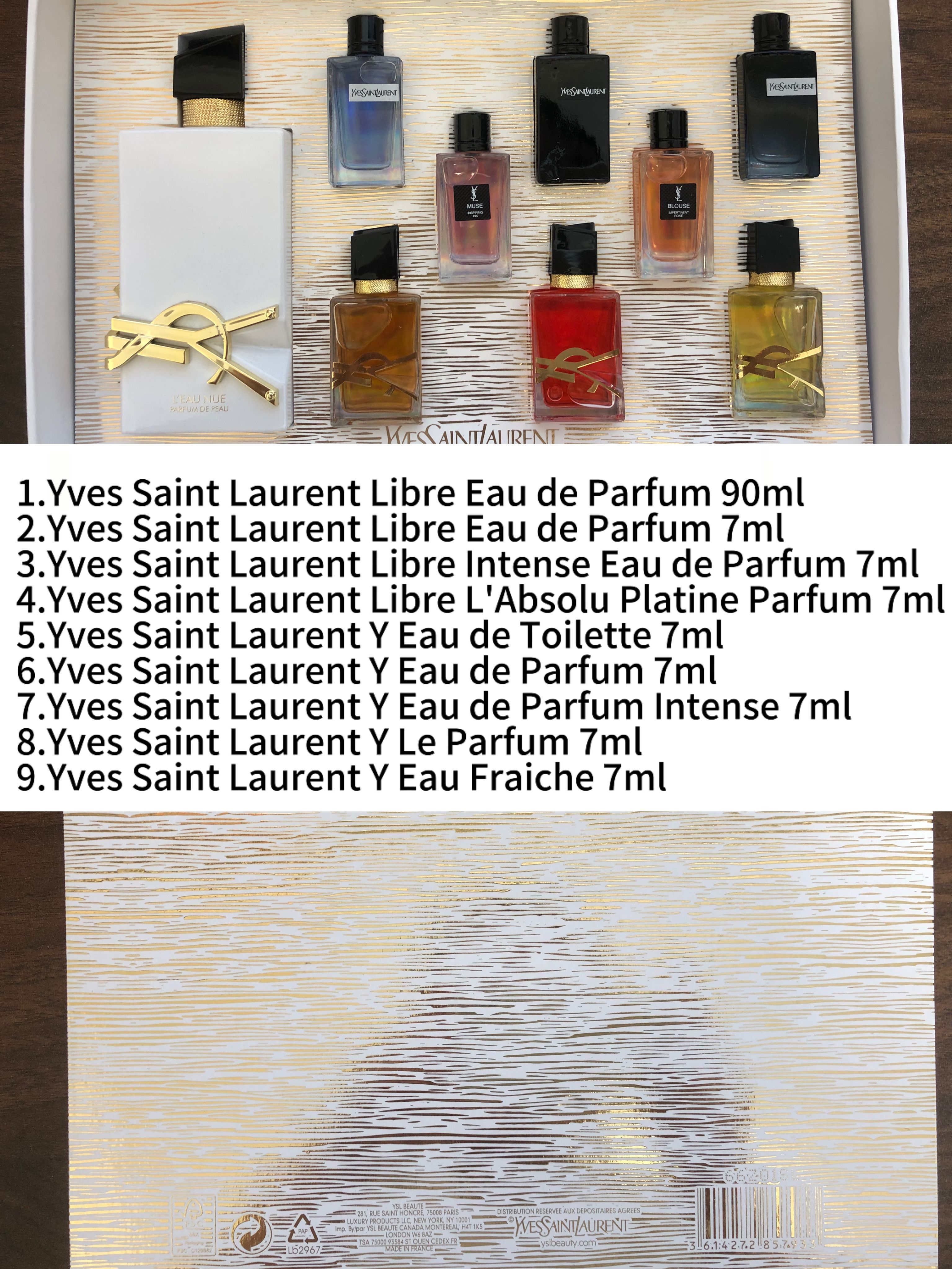 Gift-set contents photo — US-265 — Catalogue name: YSL 9-Piece Mini Perfume Gift Set — Capacity shown: 90ml full-size perfume + 7ml × 8