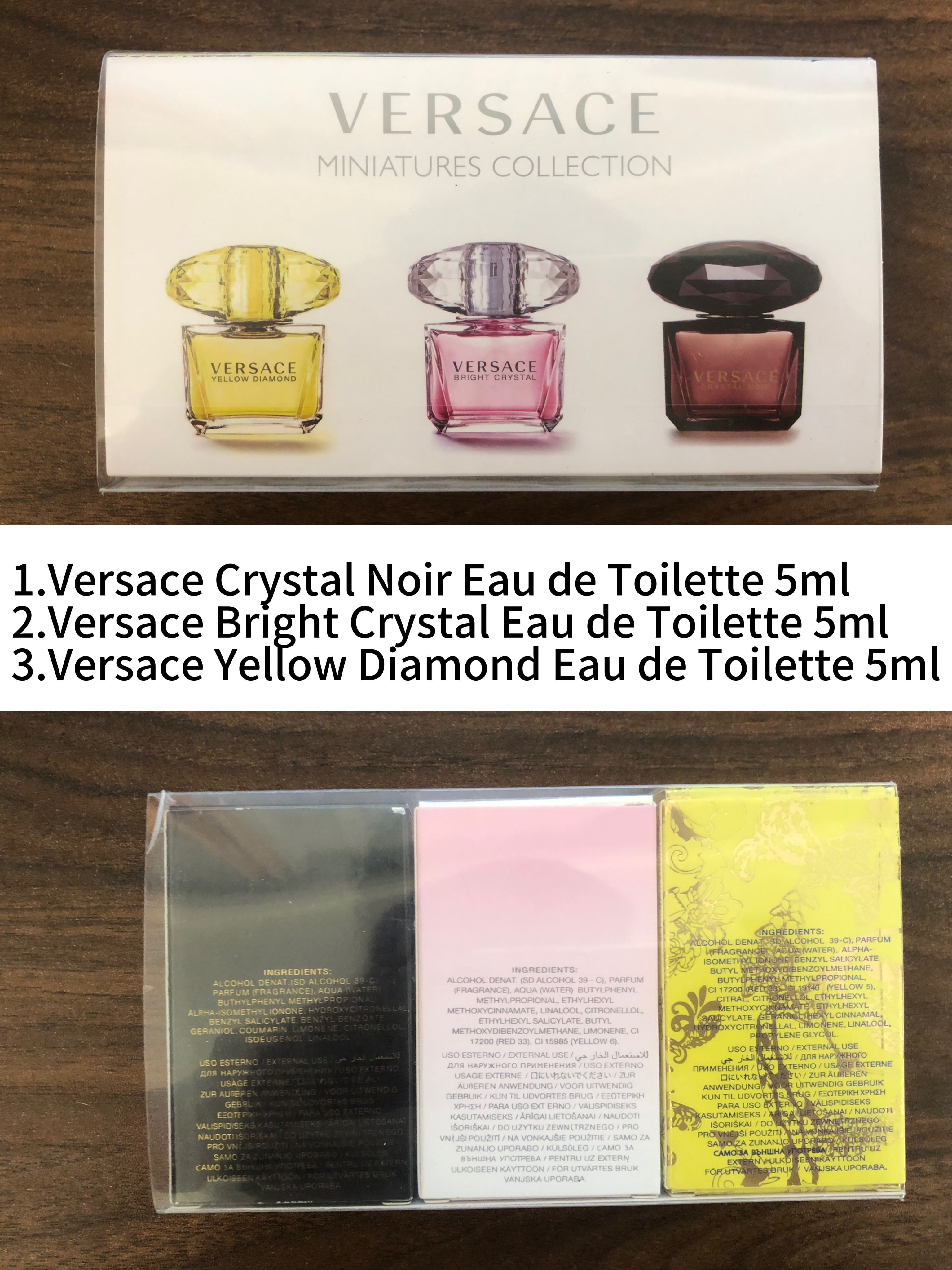 Gift-set contents photo — US-266 — Catalogue name: Versace 3-Piece Mini Perfume Gift Set — Capacity shown: 5ml × 3