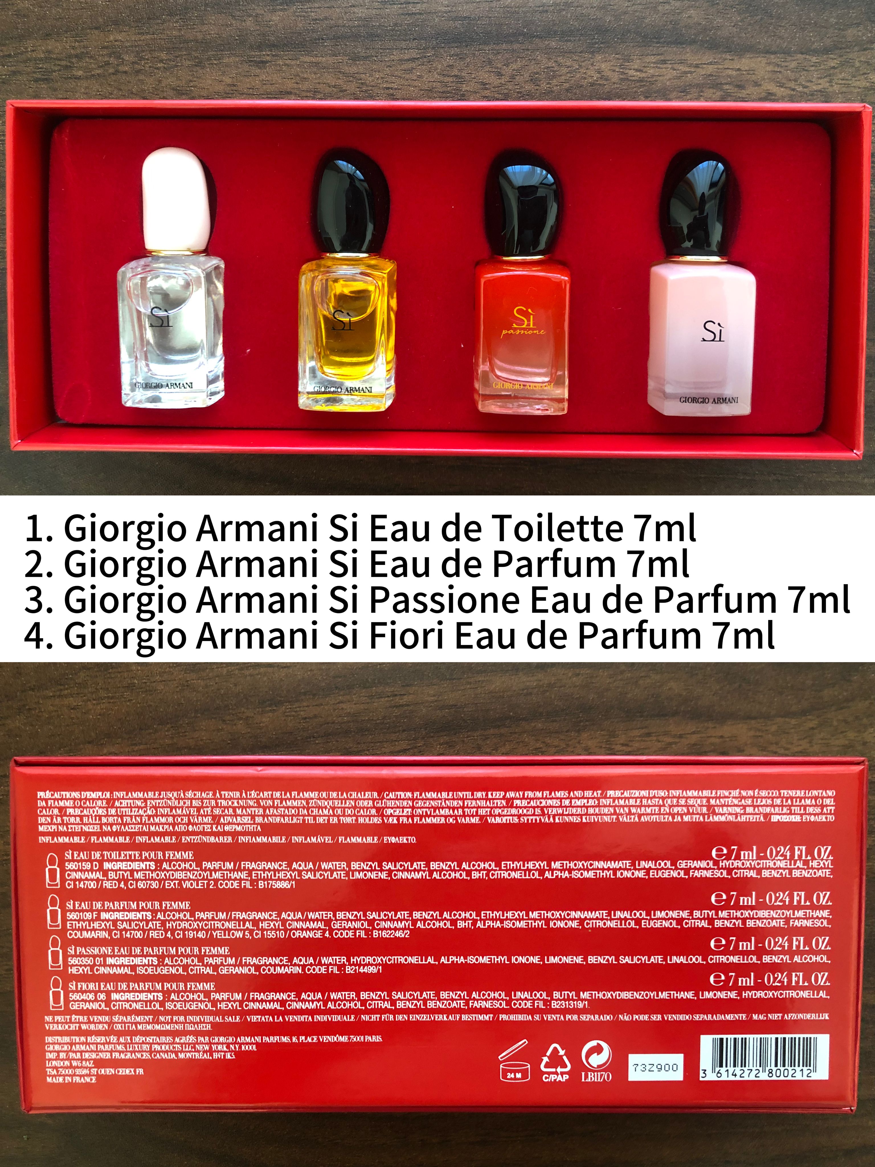 Gift-set contents photo — US-268 — Catalogue name: Giorgio Armani Si 4-Piece Mini Perfume Gift Set — Capacity shown: 7ml × 4