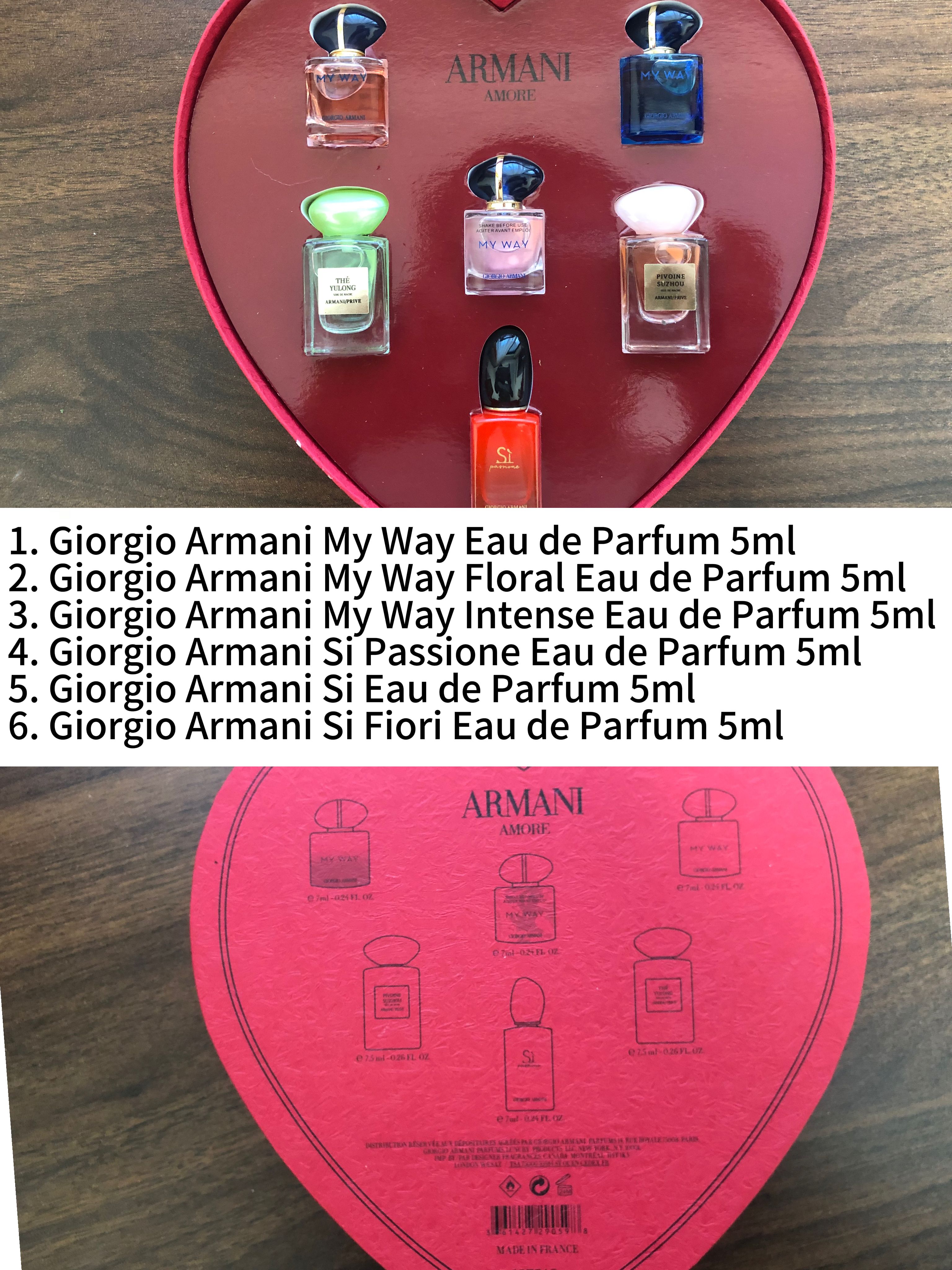 Gift-set contents photo — US-270 — Catalogue name: Armani Amore Heart-Shaped 6-Piece Mini Perfume Gift Set — Capacity shown: 7ml × 6