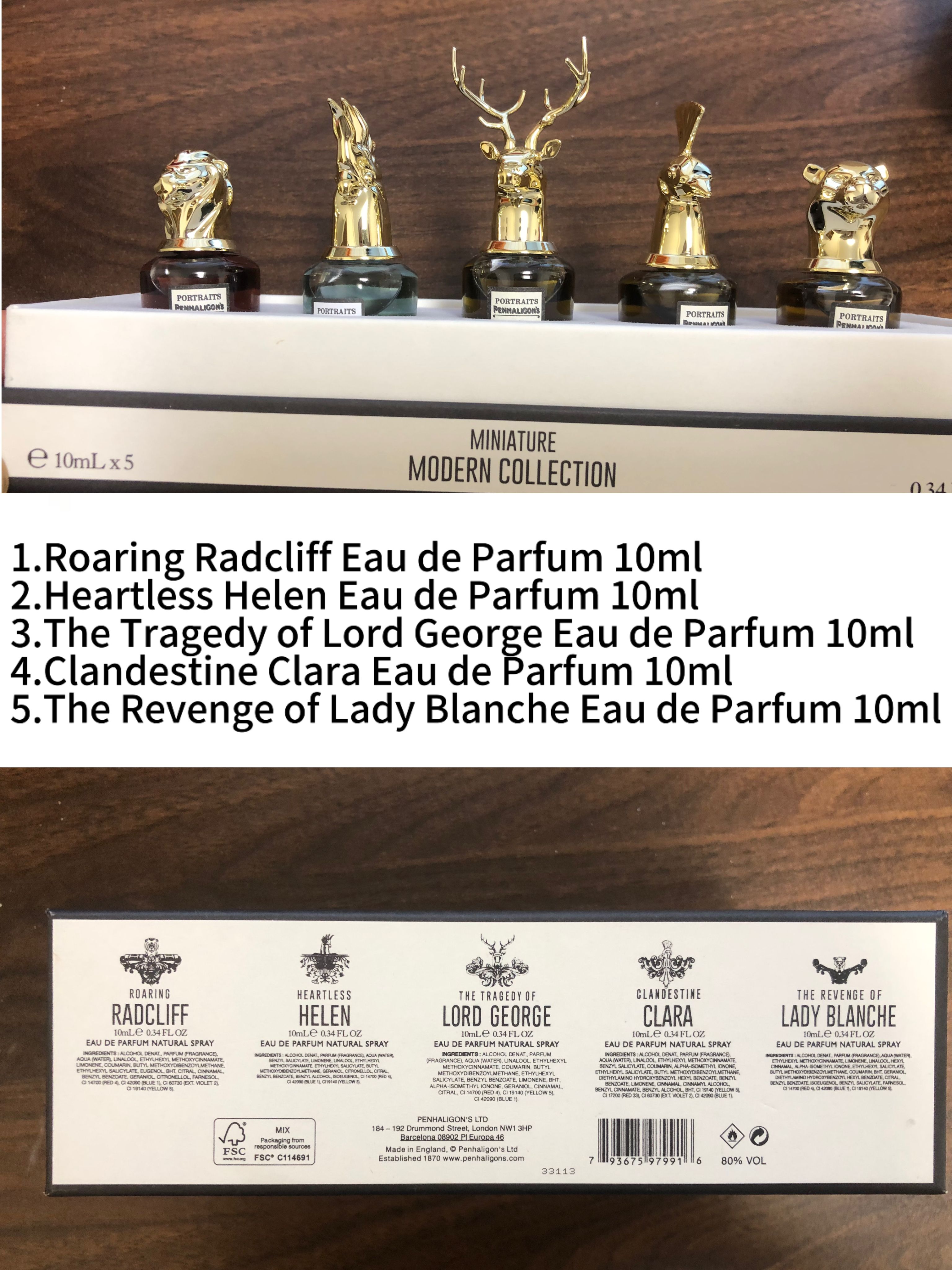 Gift-set contents photo — US-273 — Catalogue name: Penhaligon's Portraits 5-Piece Mini Perfume Gift Set(Version B) — Capacity shown: 10ml × 5