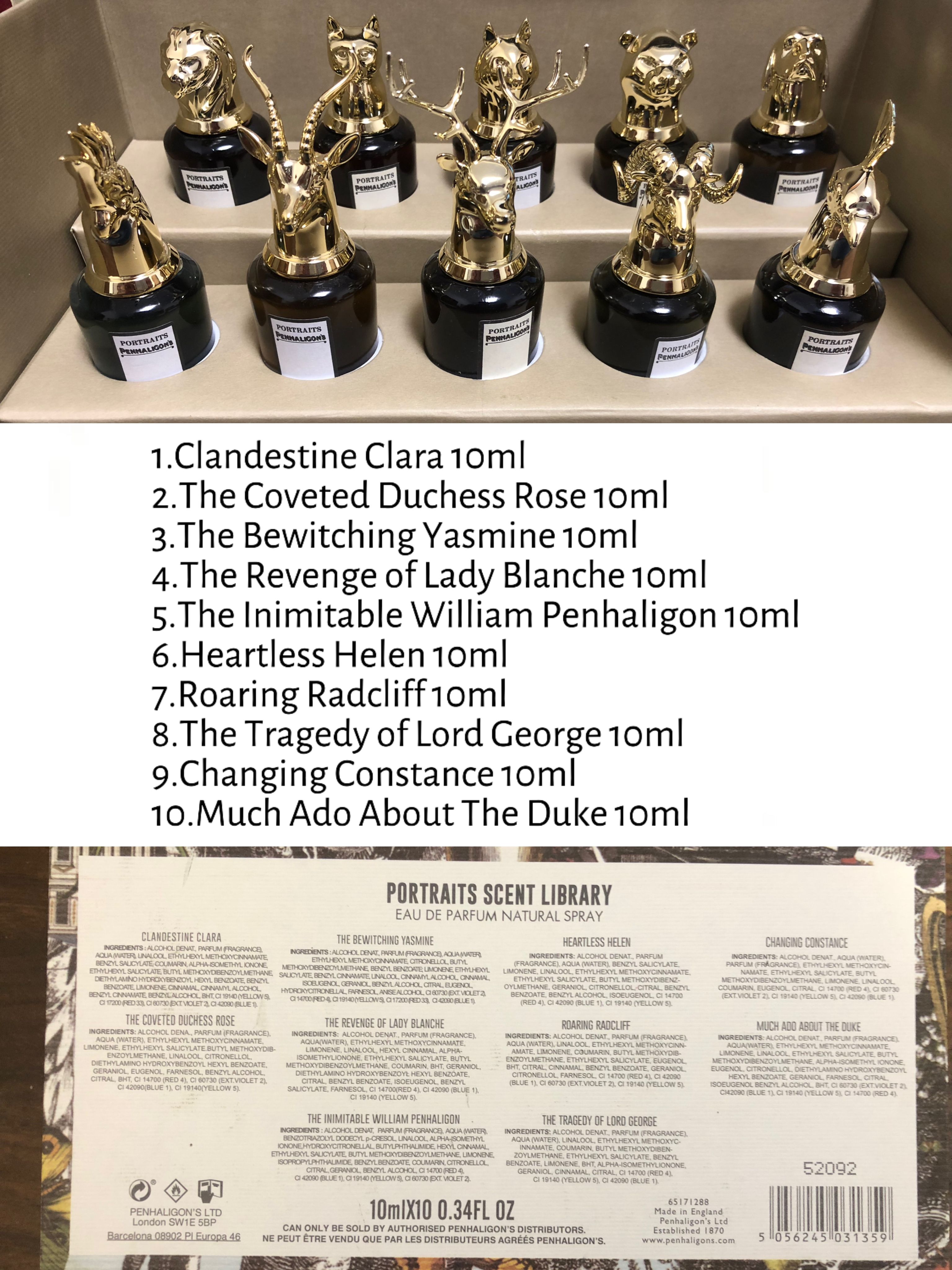 Gift-set contents photo — US-274 — Catalogue name: Penhaligon's Portraits 10-Piece Mini Perfume Gift Set — Capacity shown: 10ml × 10