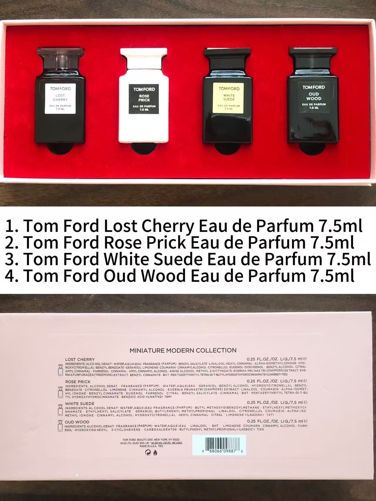 Gift-set contents photo — US-277 — Catalogue name: Tom Ford 4-Piece Mini Perfume Gift Set Pink Box — Capacity shown: 7.5ml × 4