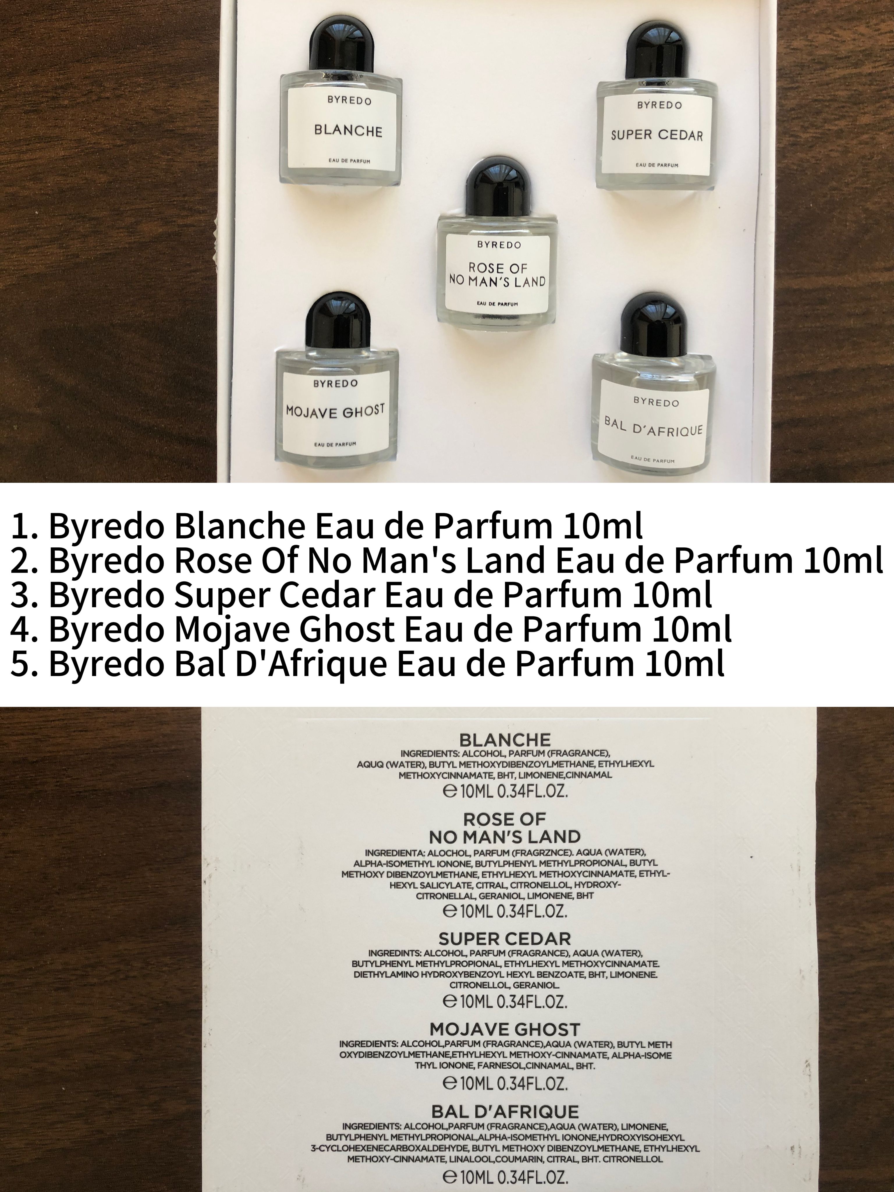 Gift-set contents photo — US-278 — Catalogue name: Byredo 5-Piece Mini Perfume Gift Set — Capacity shown: 10ml × 5