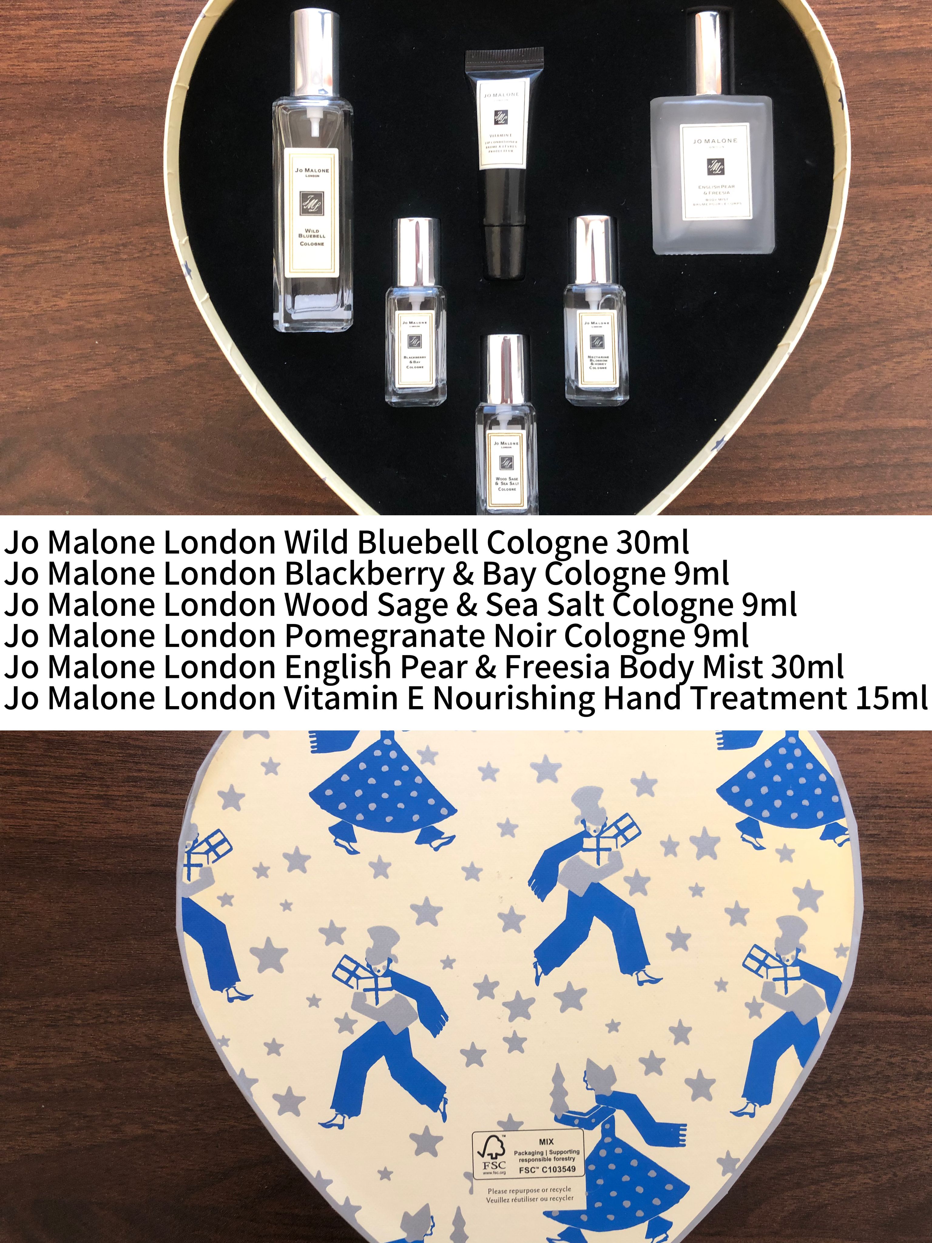 Gift-set contents photo — US-279 — Catalogue name: Jo Malone London Heart-Shaped 6-Piece Perfume Gift Set (Version A) — Capacity shown: 30ml full-size perfume + 9ml × 3 perfumes + 30ml body spray + 15ml hand-care sample
