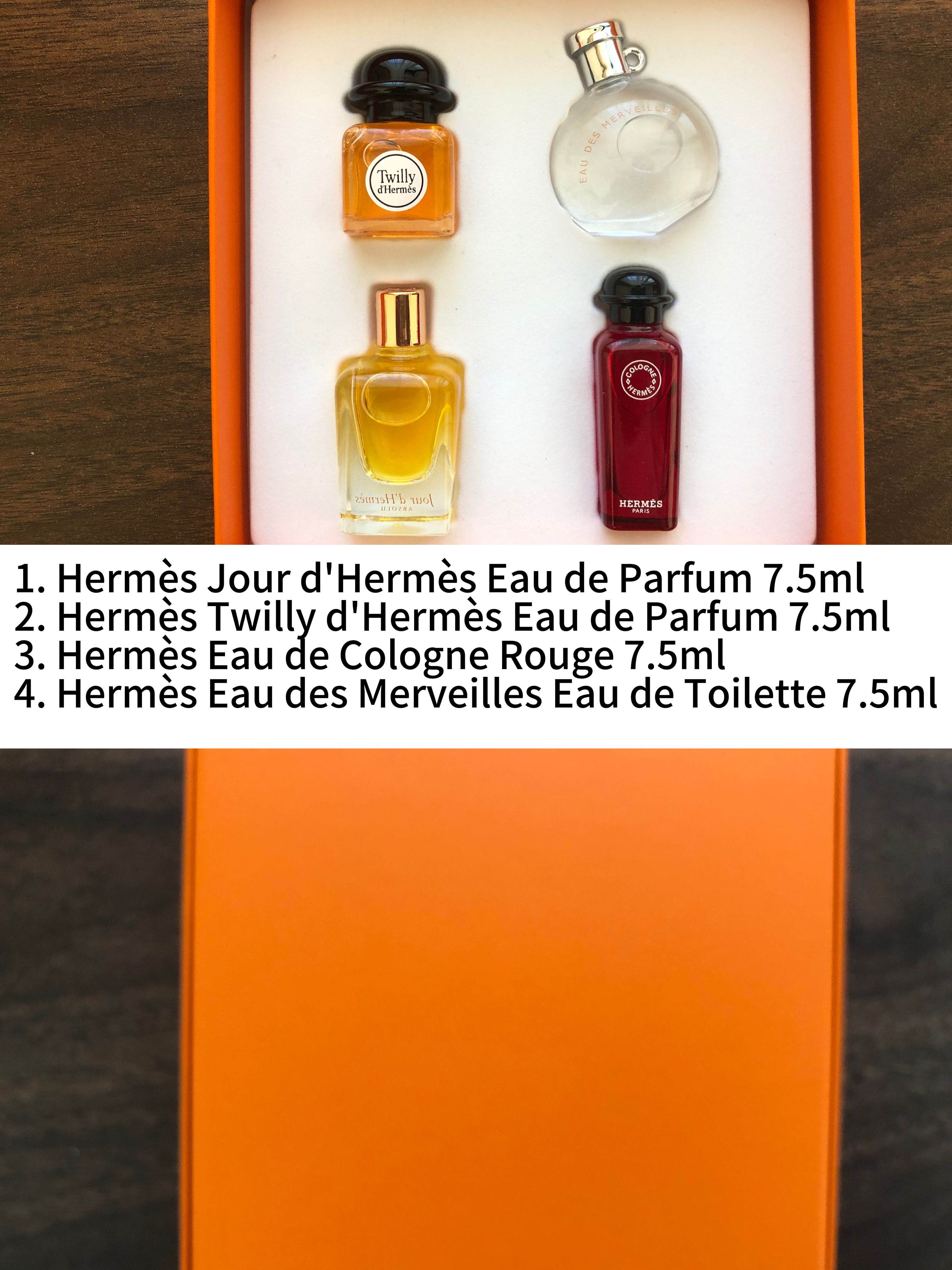 Gift-set contents photo — US-281 — Catalogue name: Hermes 4-Piece Mini Perfume Gift Set — Capacity shown: 7.5ml × 4