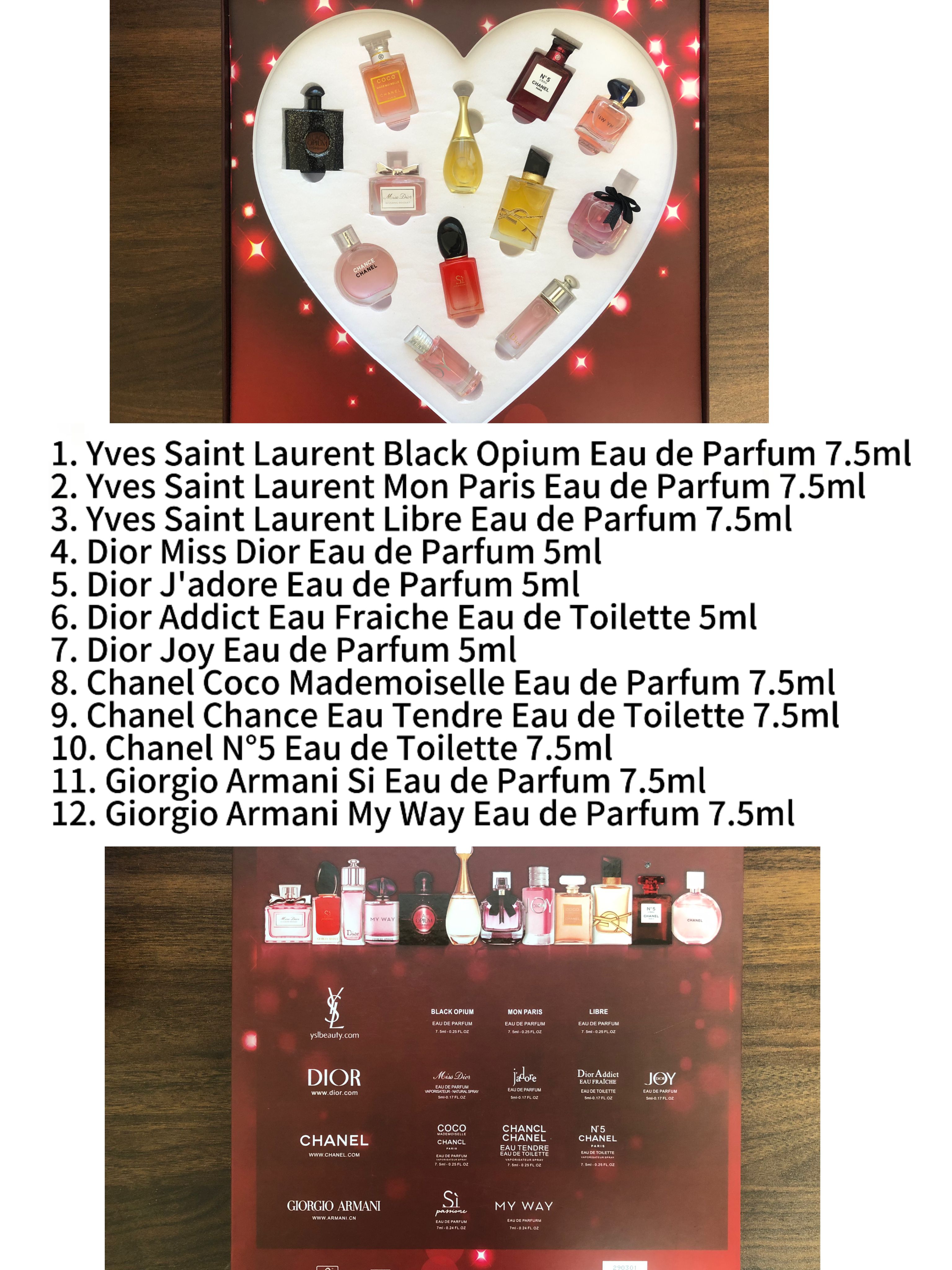 Gift-set contents photo — US-282 — Catalogue name: Fragrance Favorites 12-Piece Heart-Shaped Women Perfume Discovery Gift Set — Capacity shown: 7.5ml × 12
