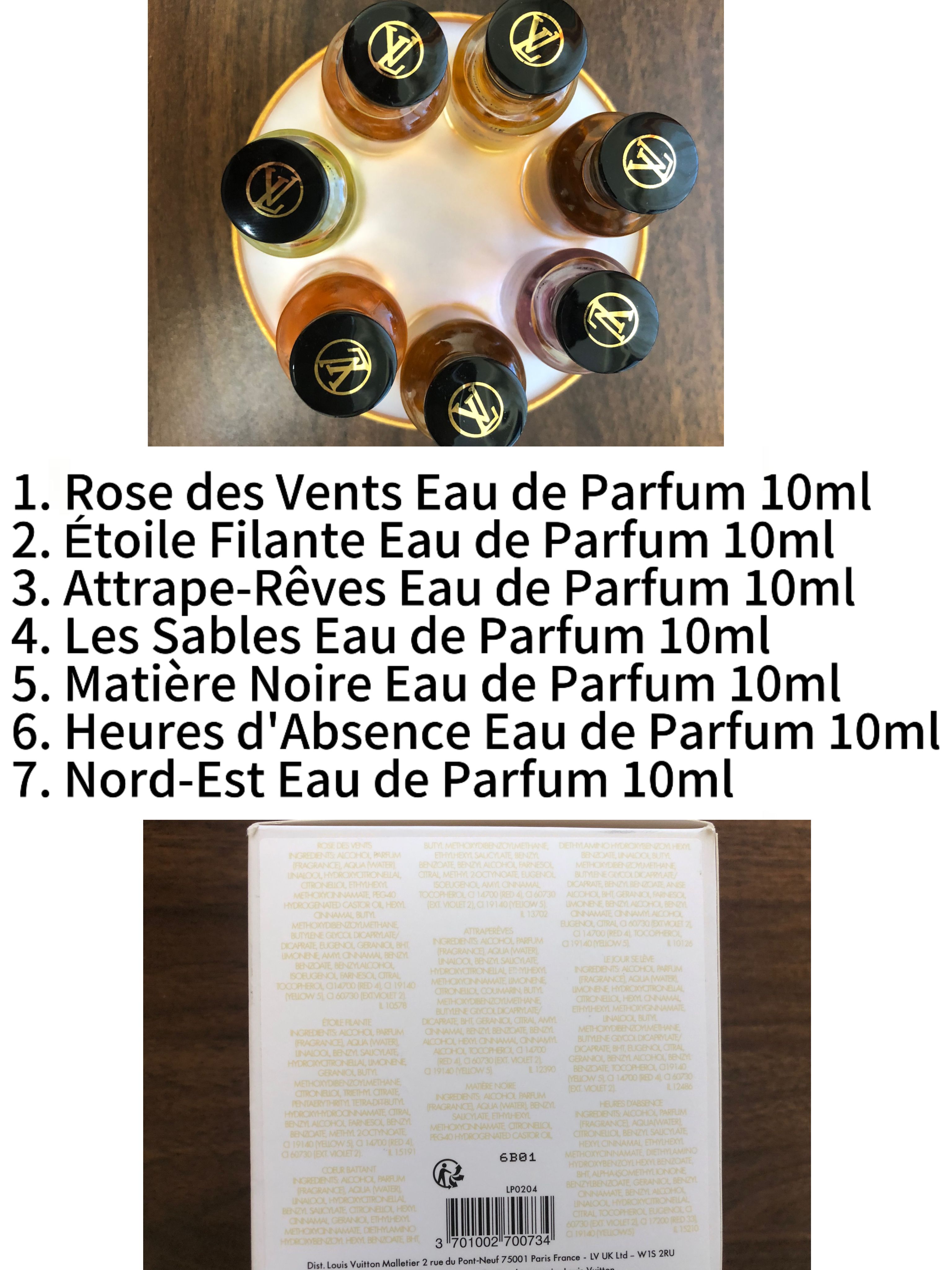 Gift-set contents photo — US-283 — Catalogue name: Louis Vuitton Les Parfums 7-Piece Mini Perfume Gift Set Cylinder Box — Capacity shown: 10ml × 7