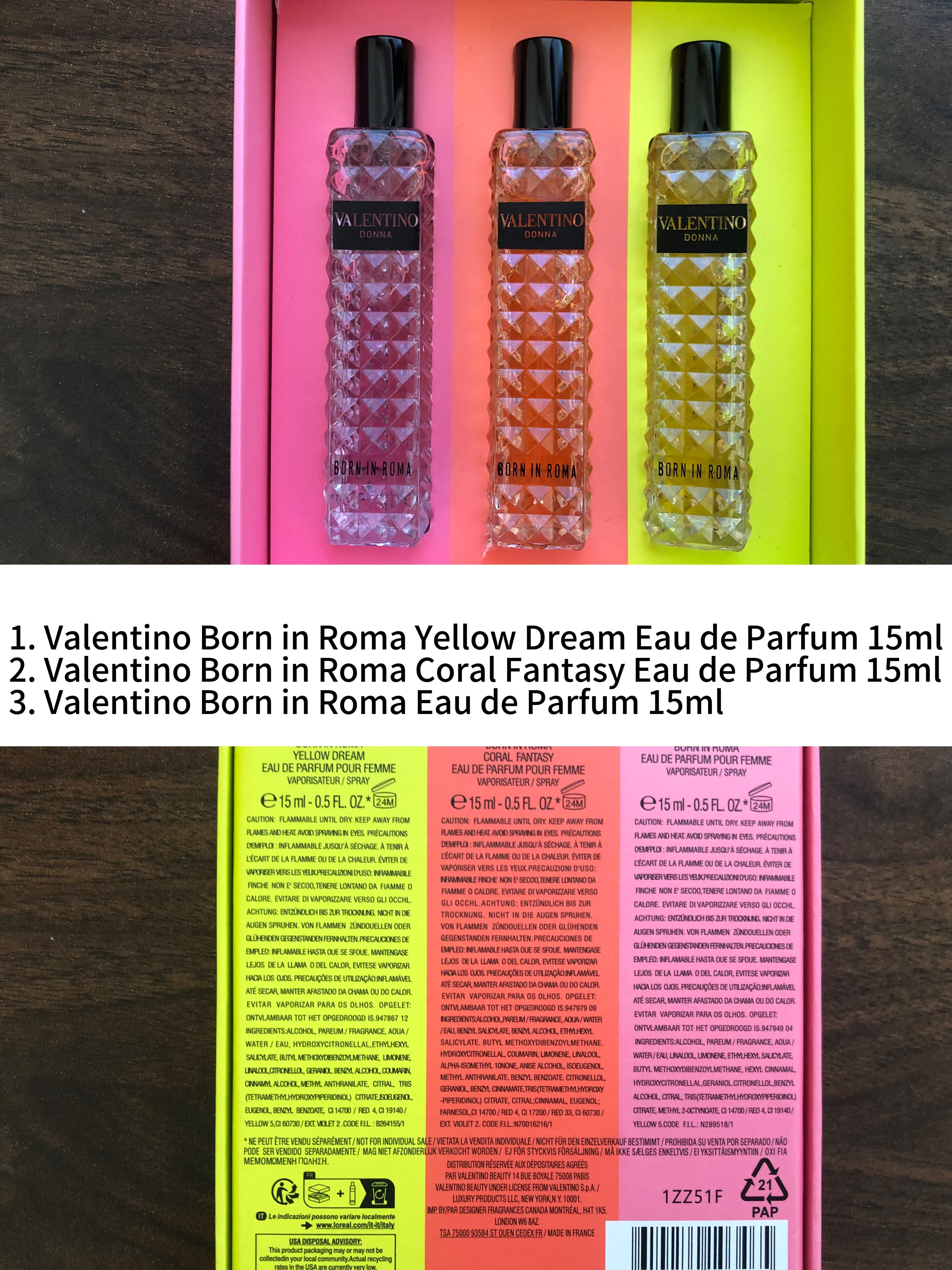 Gift-set contents photo — US-284 — Catalogue name: Valentino Born In Roma 3-Piece Mini Perfume Gift Set — Capacity shown: 15ml × 3