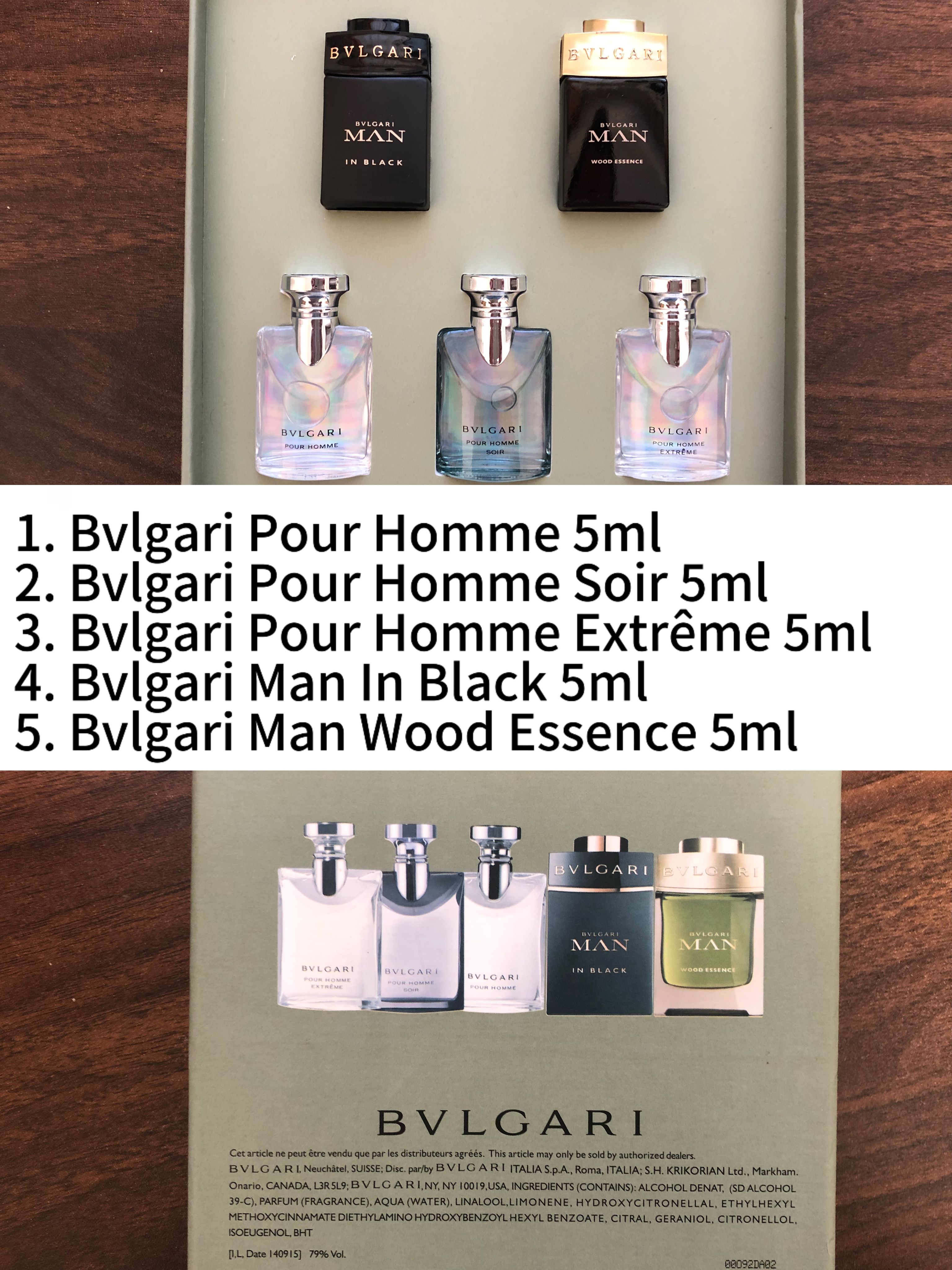 Gift-set contents photo — US-285 — Catalogue name: Bvlgari Pour Homme 5-Piece Men Mini Perfume Gift Set — Capacity shown: 5ml × 5