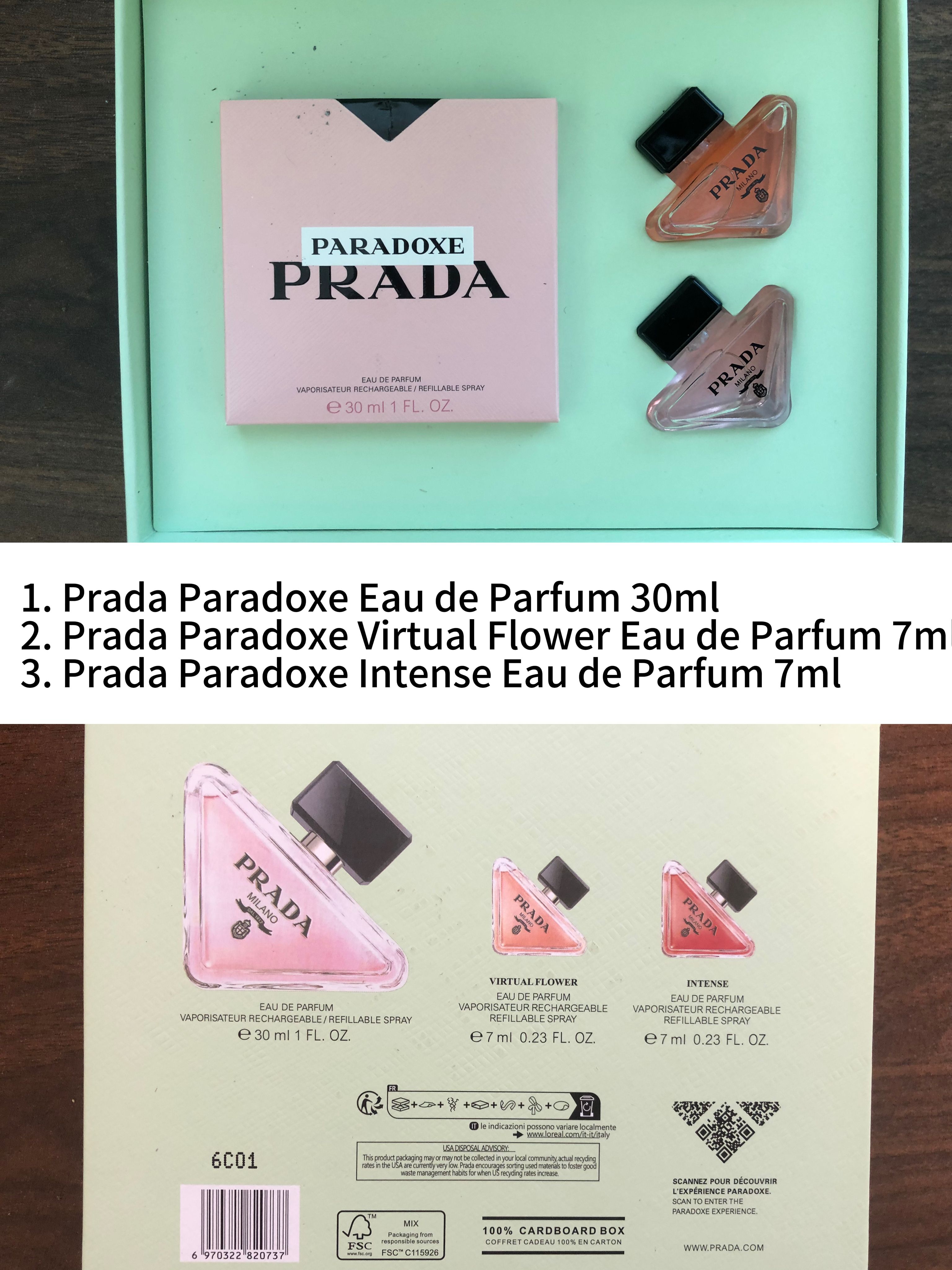 Gift-set contents photo — US-287 — Catalogue name: Prada Paradoxe 3-Piece Perfume Gift Set — Capacity shown: 30ml full-size perfume + 7ml × 2 samples