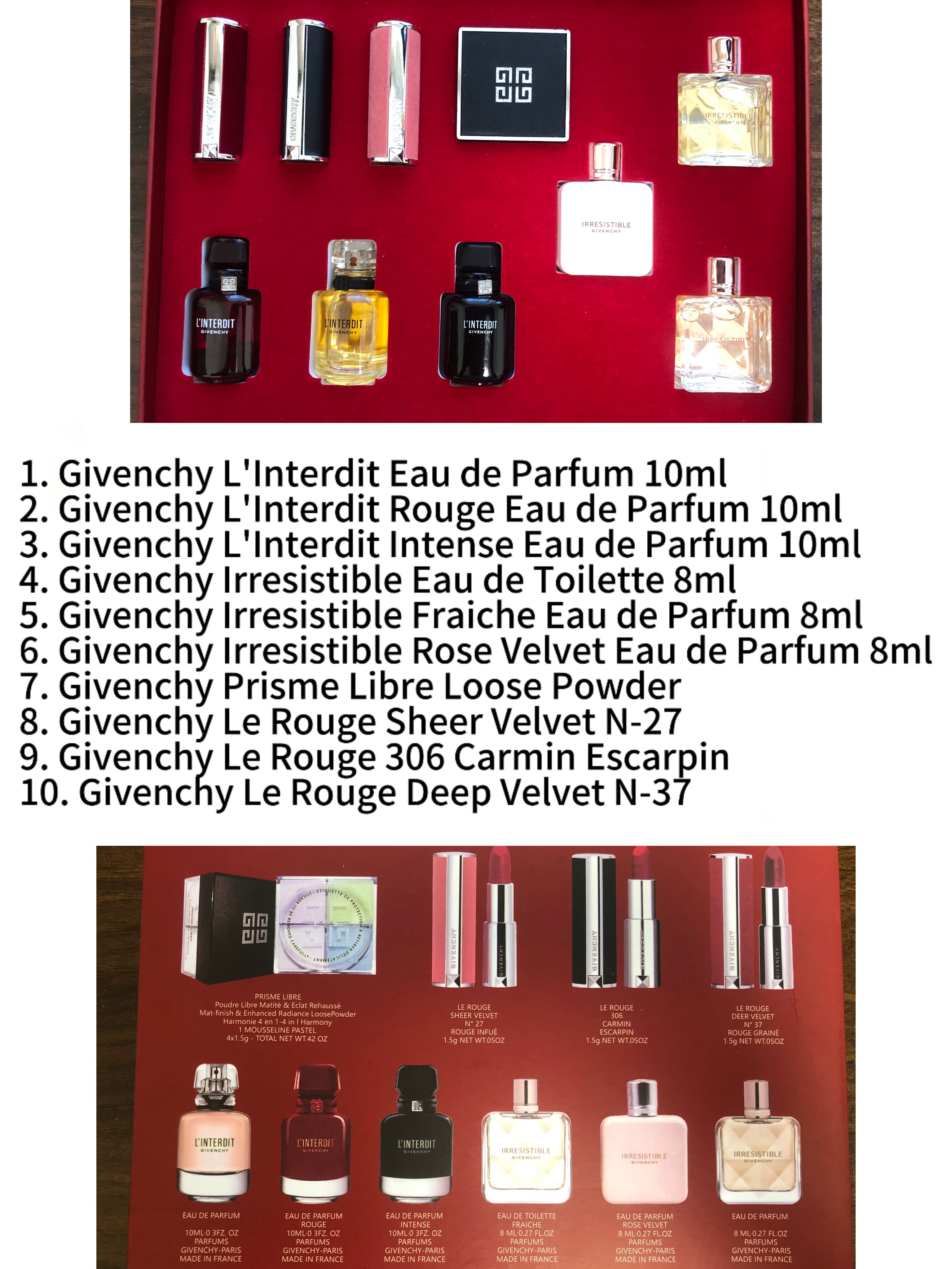 Gift-set contents photo — US-288 — Catalogue name: Givenchy 10-Piece Beauty Gift Set Perfume + Lipstick + Powder — Capacity shown: As pictured: perfumes 10ml × 3 + 8ml × 3; lipsticks 1.5g × 3; loose powder 4 × 1.5g