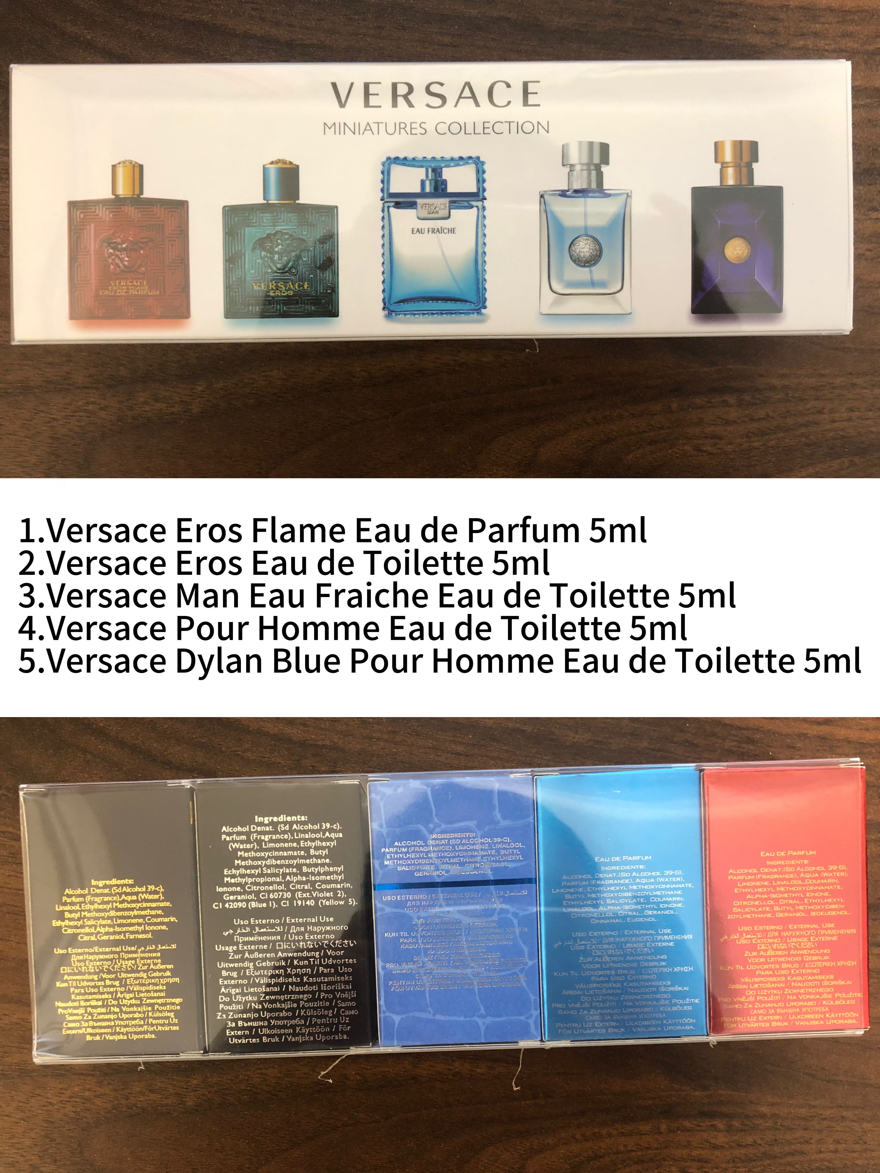 Gift-set contents photo — US-289 — Catalogue name: Versace Men Miniatures Collection 5-Piece Perfume Gift Set — Capacity shown: 5ml × 5