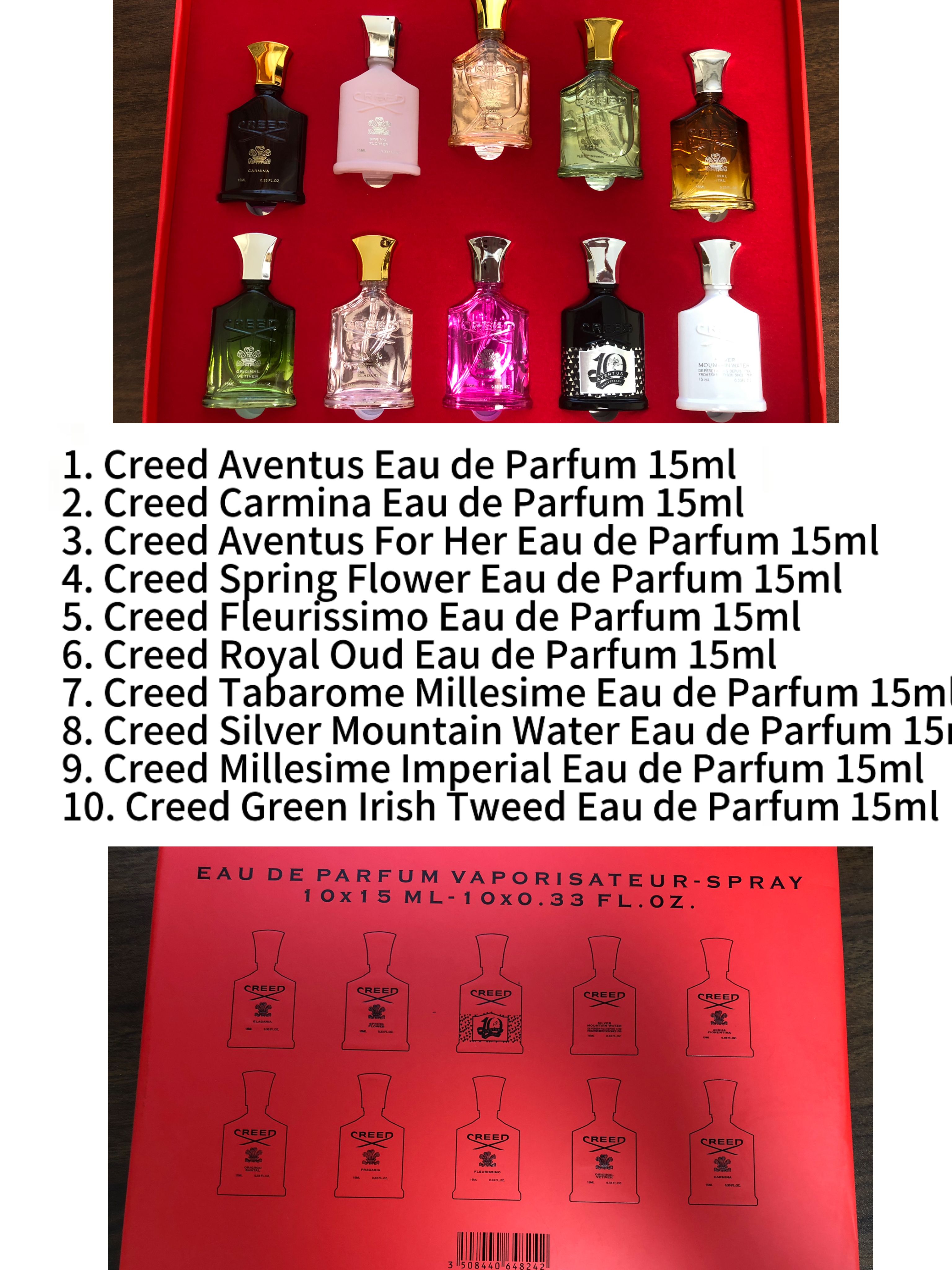 Gift-set contents photo — US-290 — Catalogue name: Creed 10-Piece Mini Perfume Gift Set Red Box Collection — Capacity shown: 10ml × 10