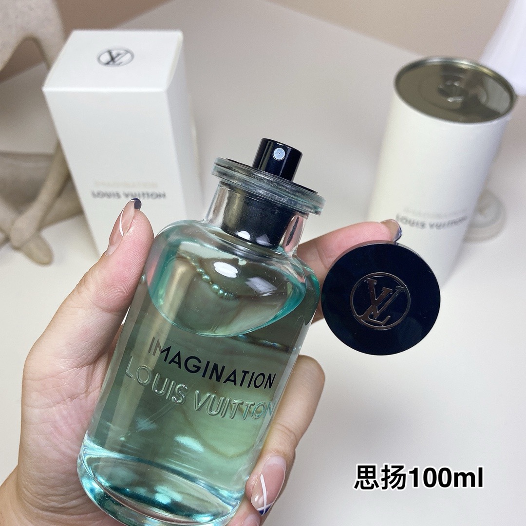 Perfume bottle with the cap removed, showing the spray nozzle — US-007 — Catalogue name: Louis Vuitton Imagination — Capacity shown: 100 ml