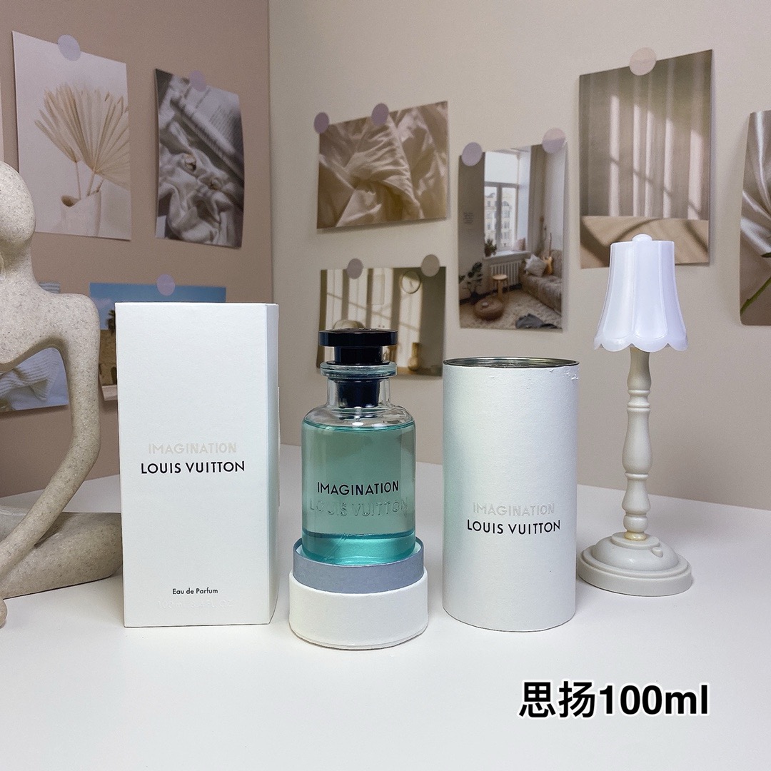 Perfume bottle standing in its cylindrical presentation case — US-007 — Catalogue name: Louis Vuitton Imagination — Capacity shown: 100 ml