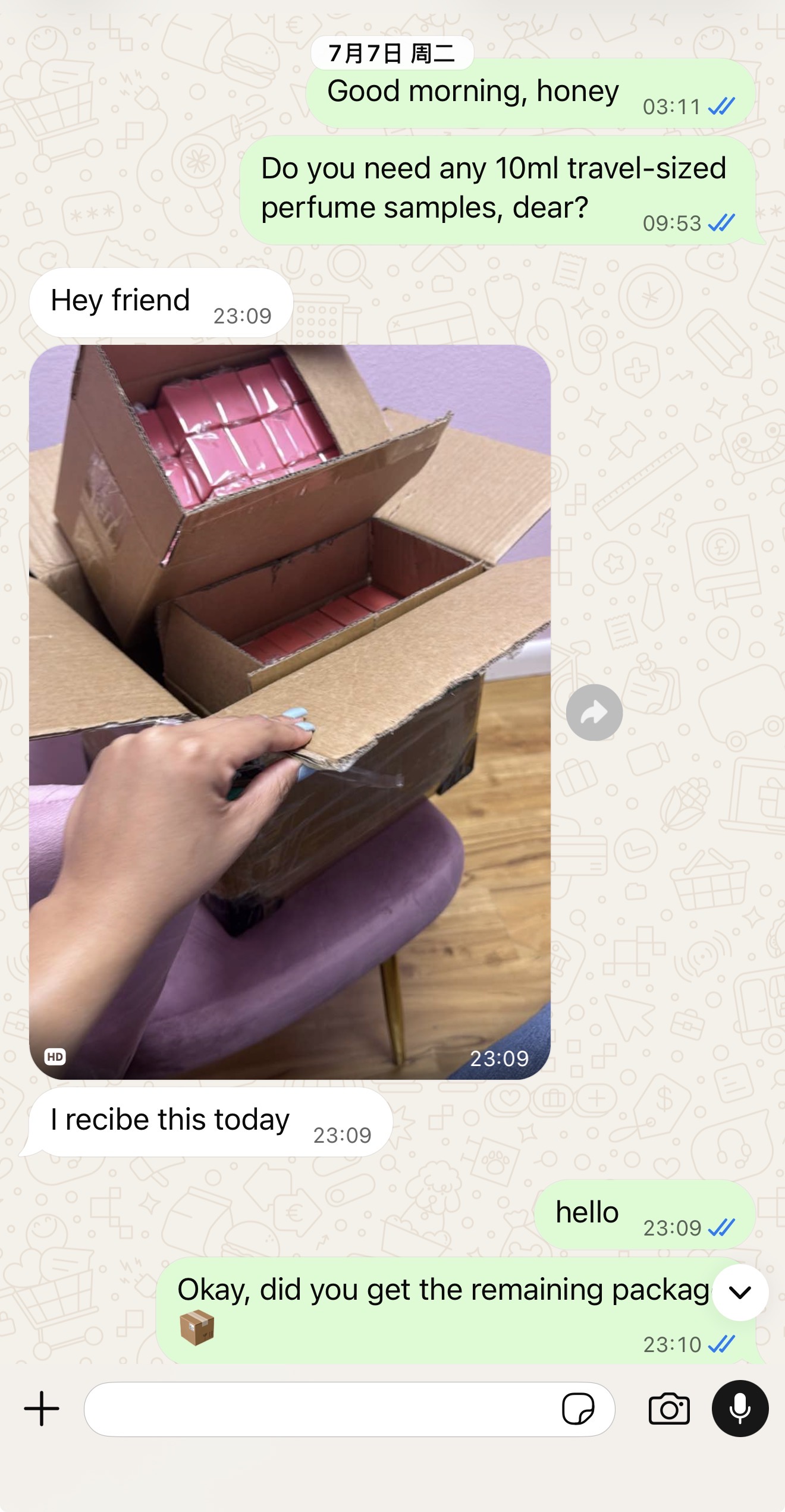 Customer delivery confirmation and parcel photo.