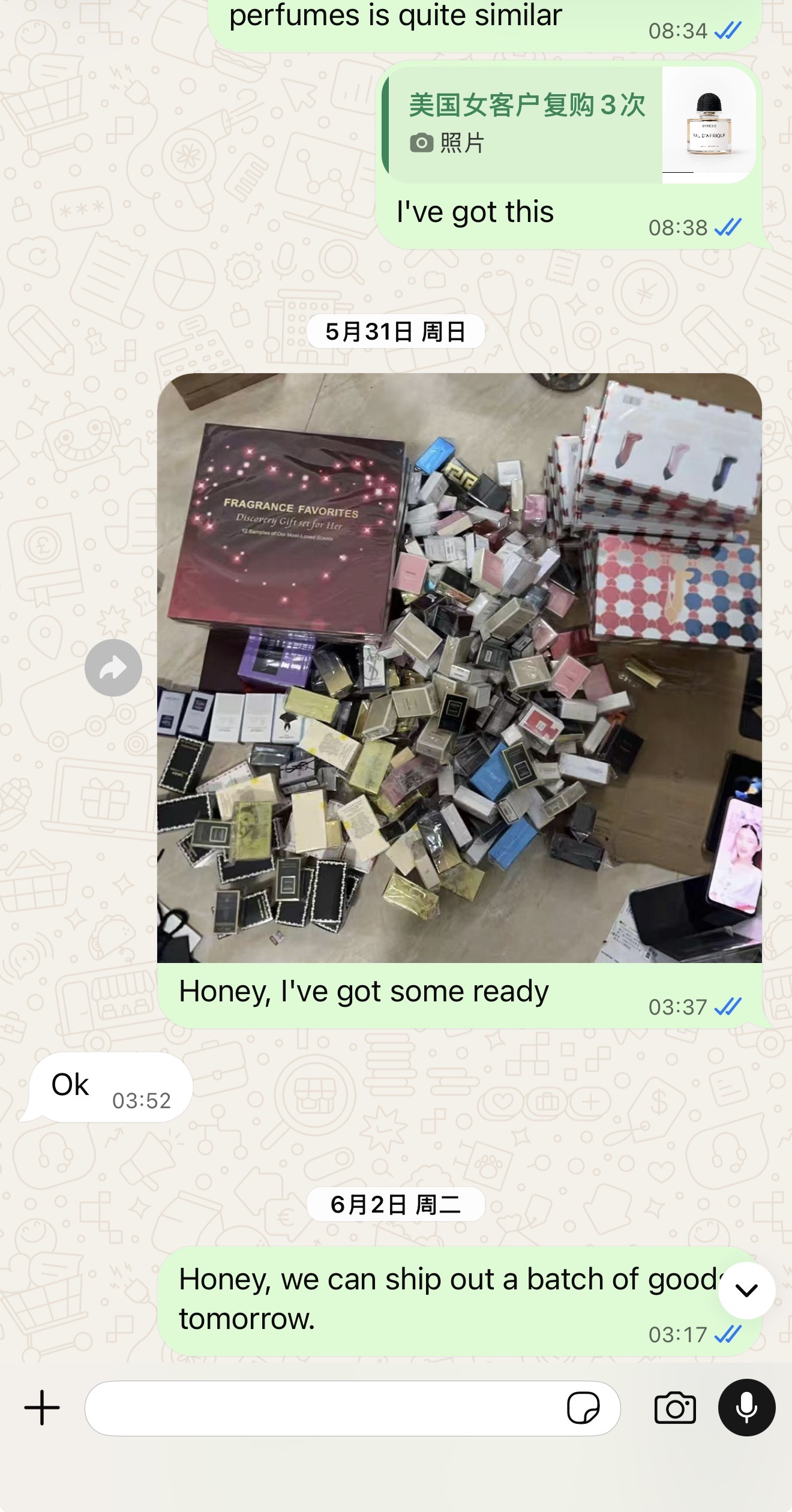 Seller preparation photo shared in a customer conversation.