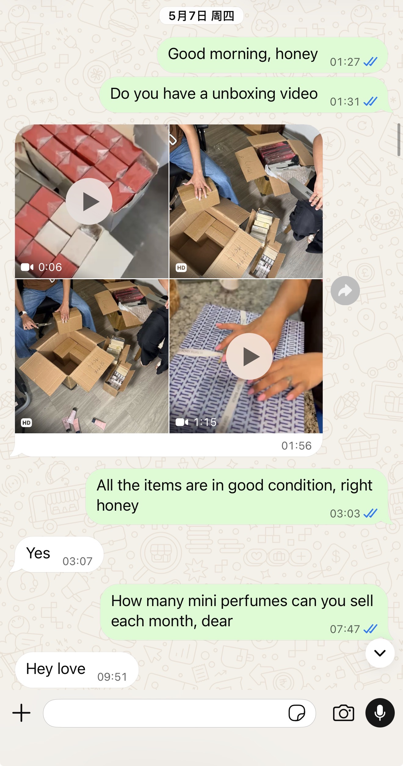 Customer confirms condition; video thumbnails are part of the screenshot, not playable videos.